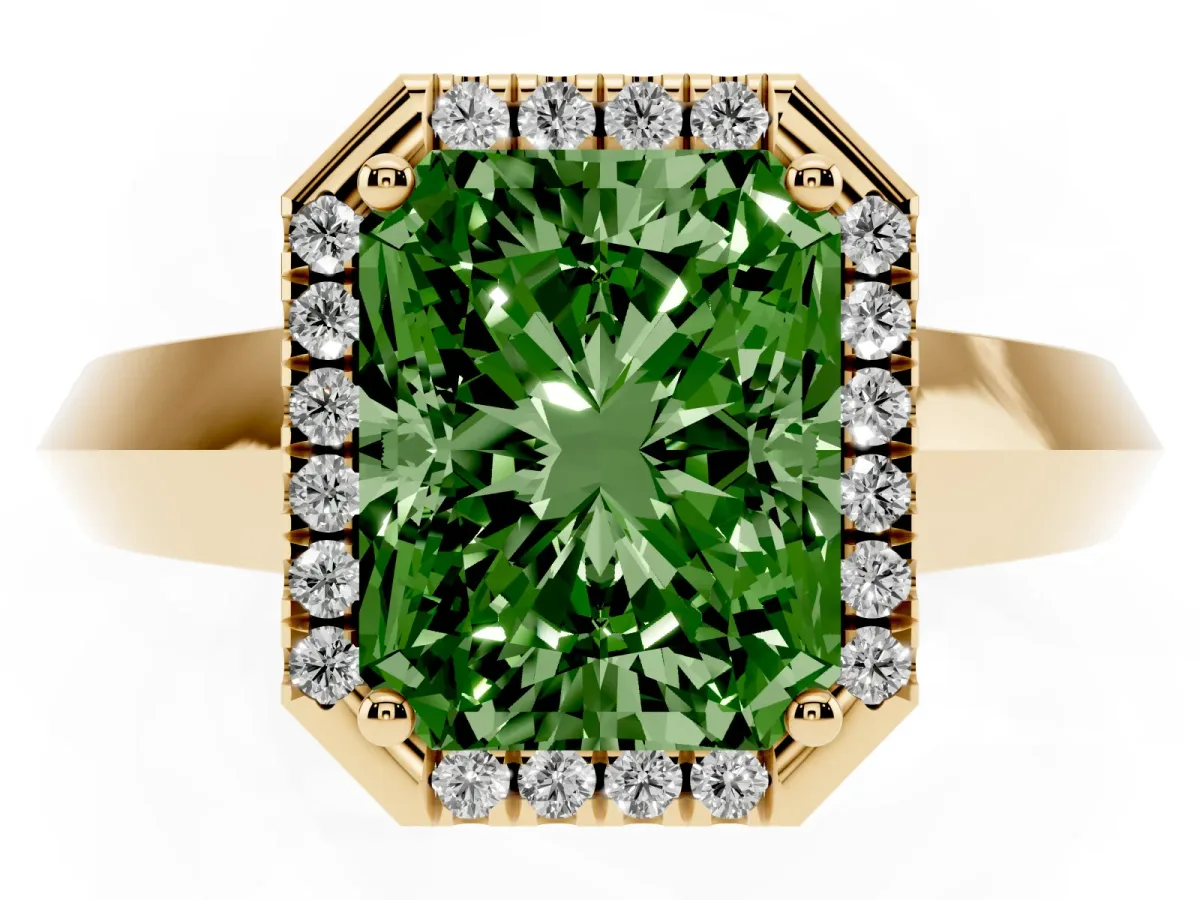 Fancy Green Radiant Cut Halo Diamond Ring with Cathedral Band and Four-Prong Setting Yellow gold