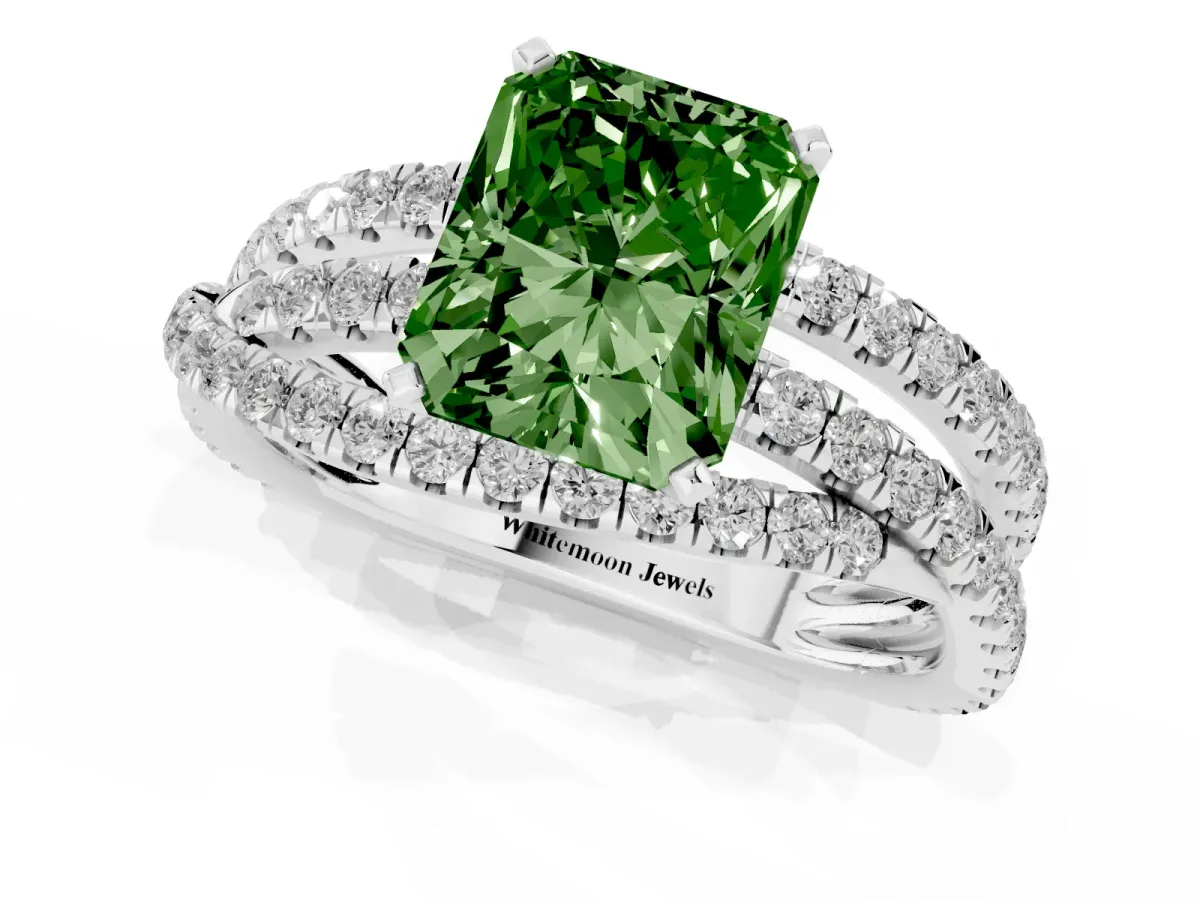 Fancy Green Radiant Cut Solitaire Twist Band with Pavé Setting and Four-Prong Setting Silver