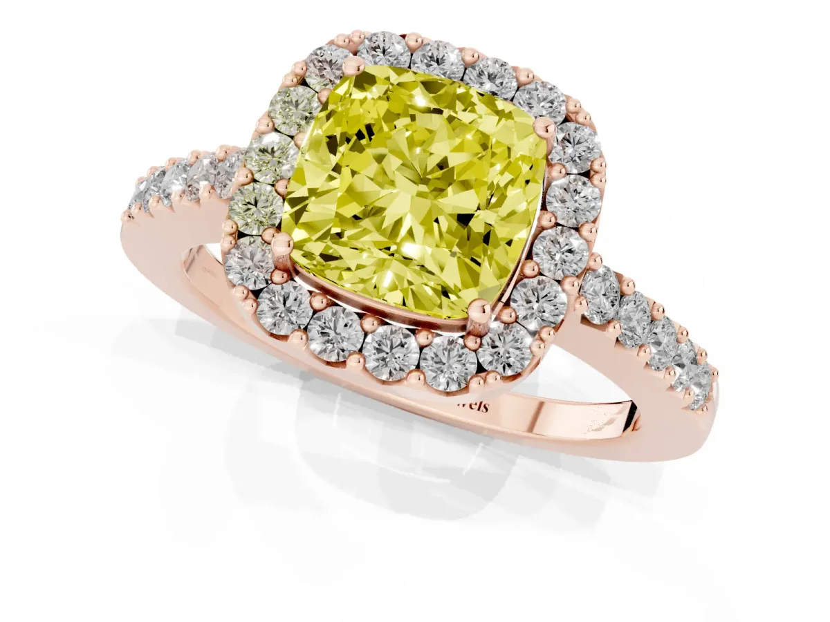 Fancy Yellow Cushion Cut Halo Diamond Pavé Solitaire Ring Rose gold