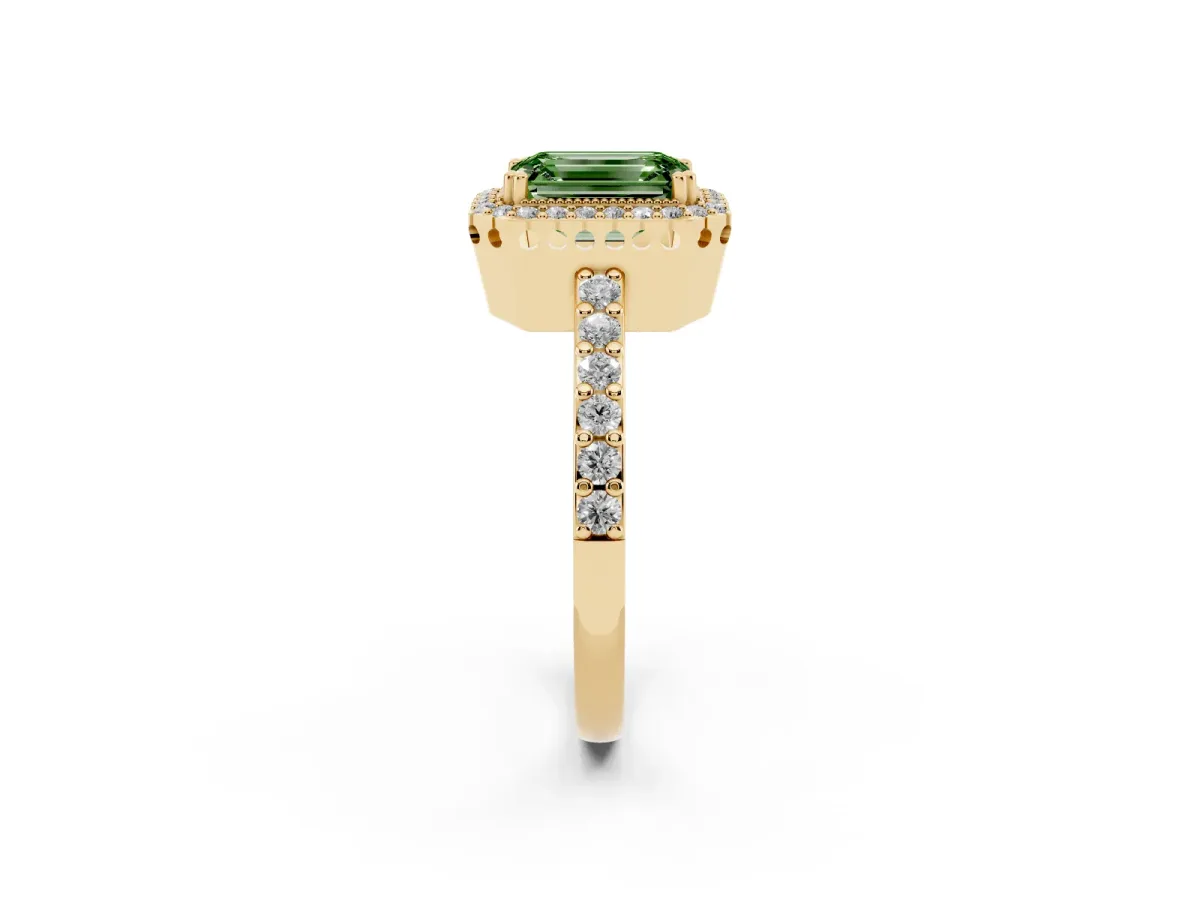Fancy Green Emerald Cut Cut Diamond Halo Engagement Ring with Milgrain Detail and Pavé Band Yellow gold