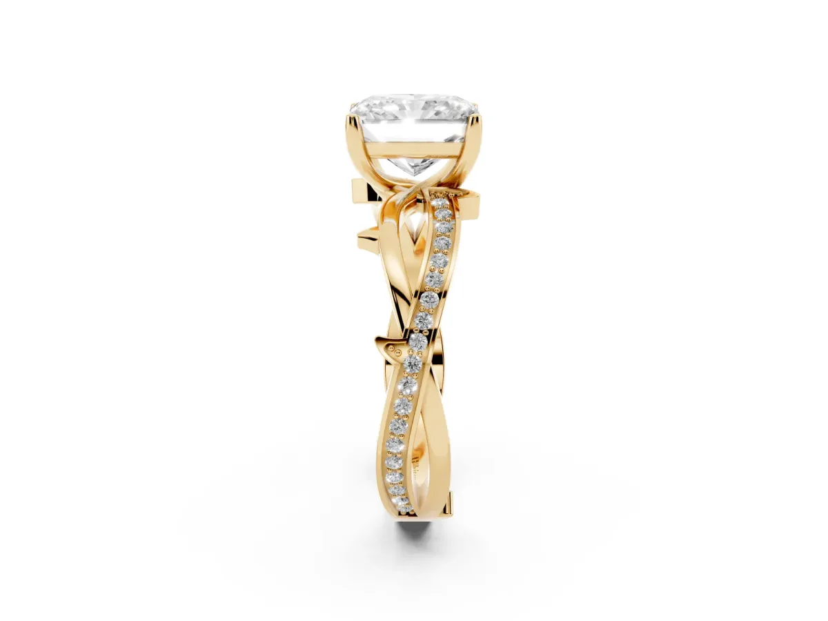 Radiant Cut Solitaire Twist Band with Pavé Accents and Four-Prong Setting Yellow gold