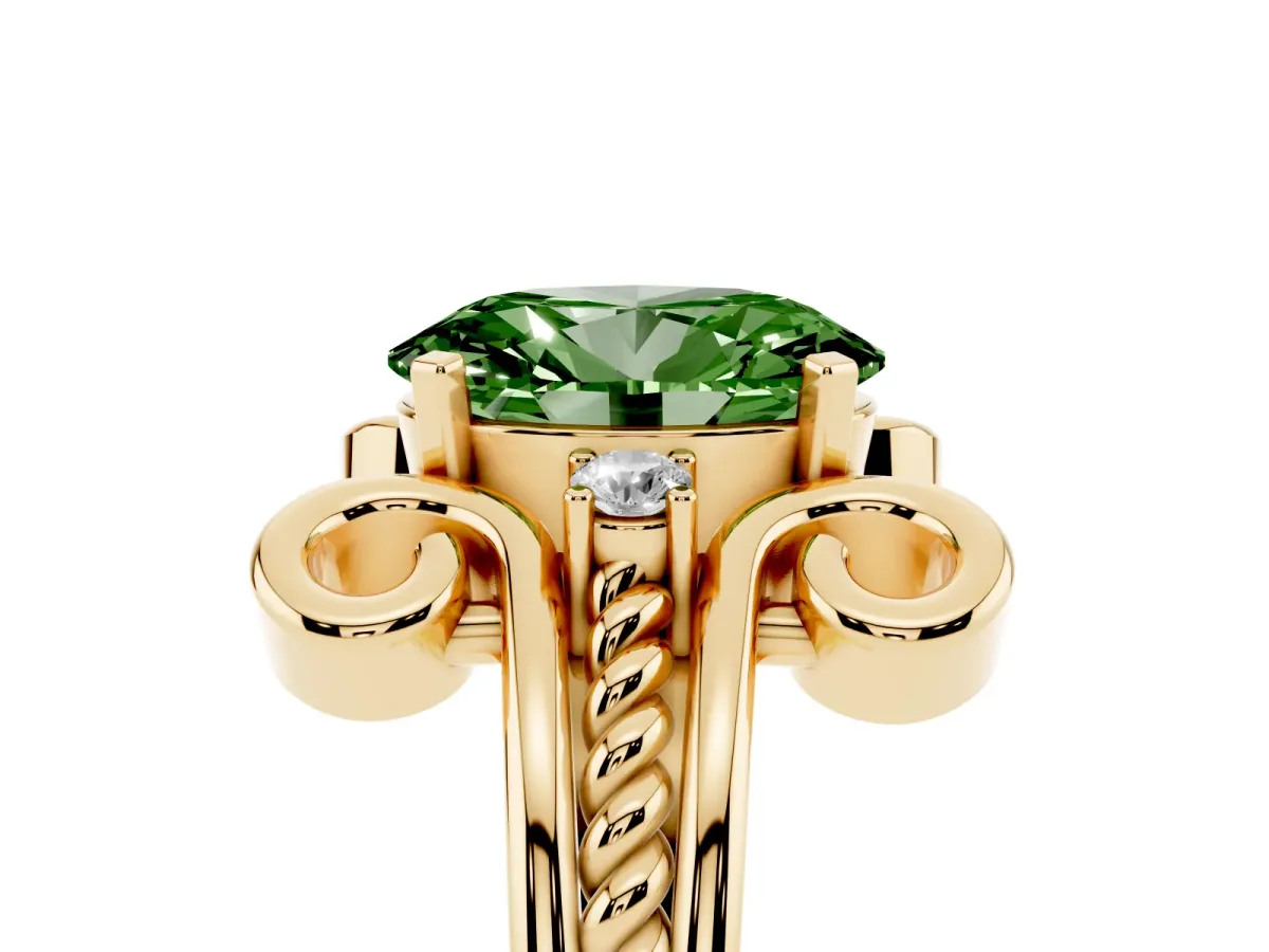 Fancy Green Oval Cut Solitaire Twisted Band Scroll Prong Ring Yellow gold