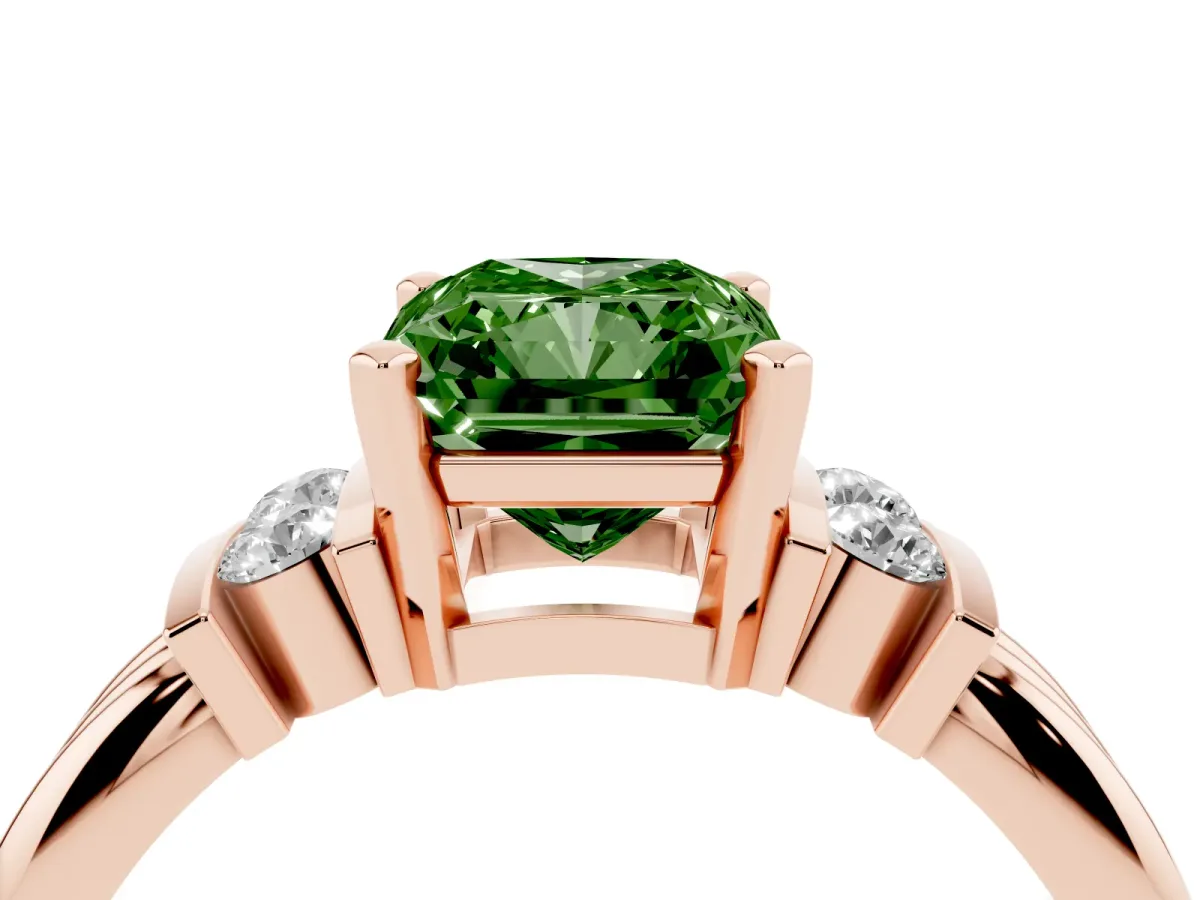 Fancy Green Radiant Cut Cut Three-Stone Channel Set Ring with Bar Prongs Rose gold