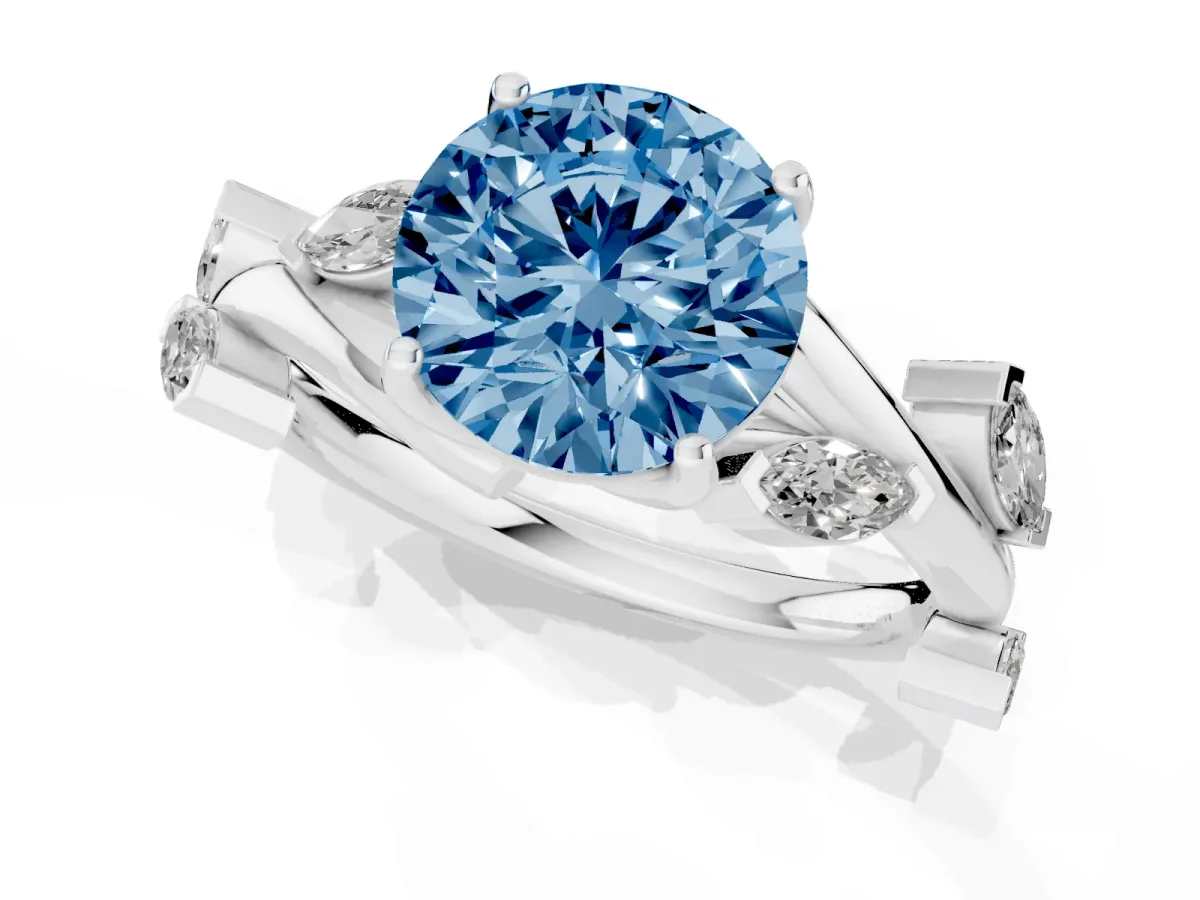 Fancy Blue Round Cut Solitaire Twisted Band Marquise Accent Prong Setting Ring White gold