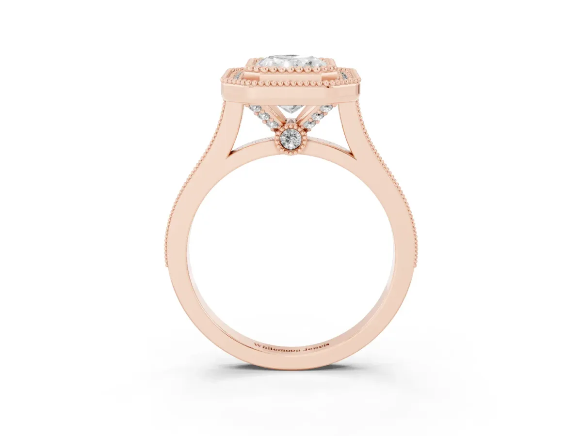 Radiant Cut Diamond Halo Ring with Milgrain Frame and Pavé Band Rose gold