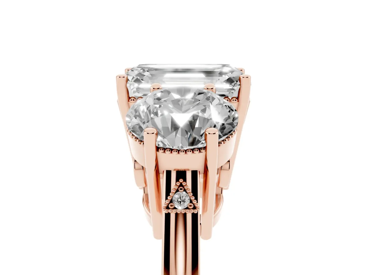 Three-Stone Emerald Cut Diamond Engagement Ring with Prong Setting on a Classic Band Rose gold
