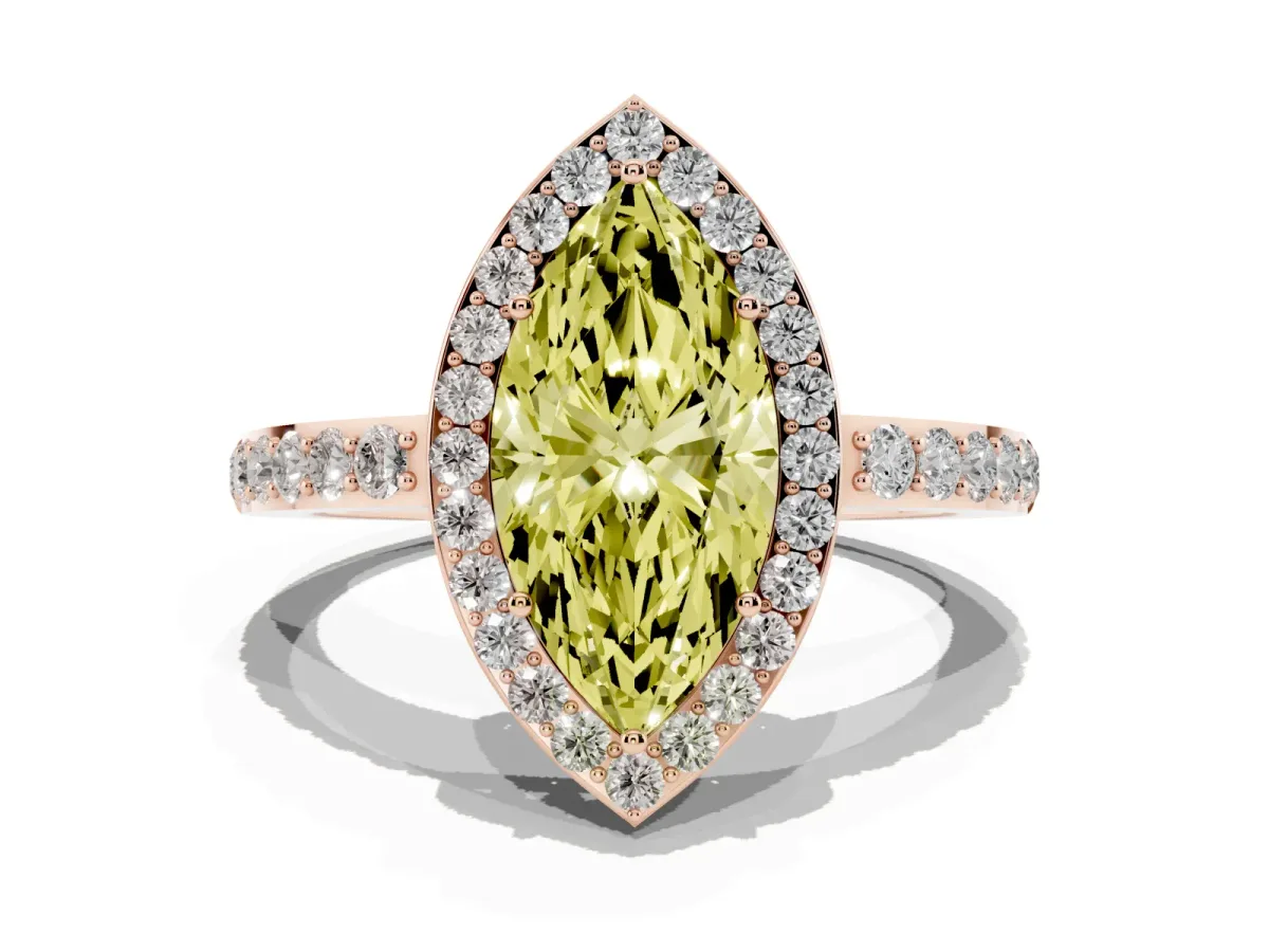 Fancy Yellow Marquise Cut Halo Diamond Pavé Band Ring with Prong Setting Rose gold