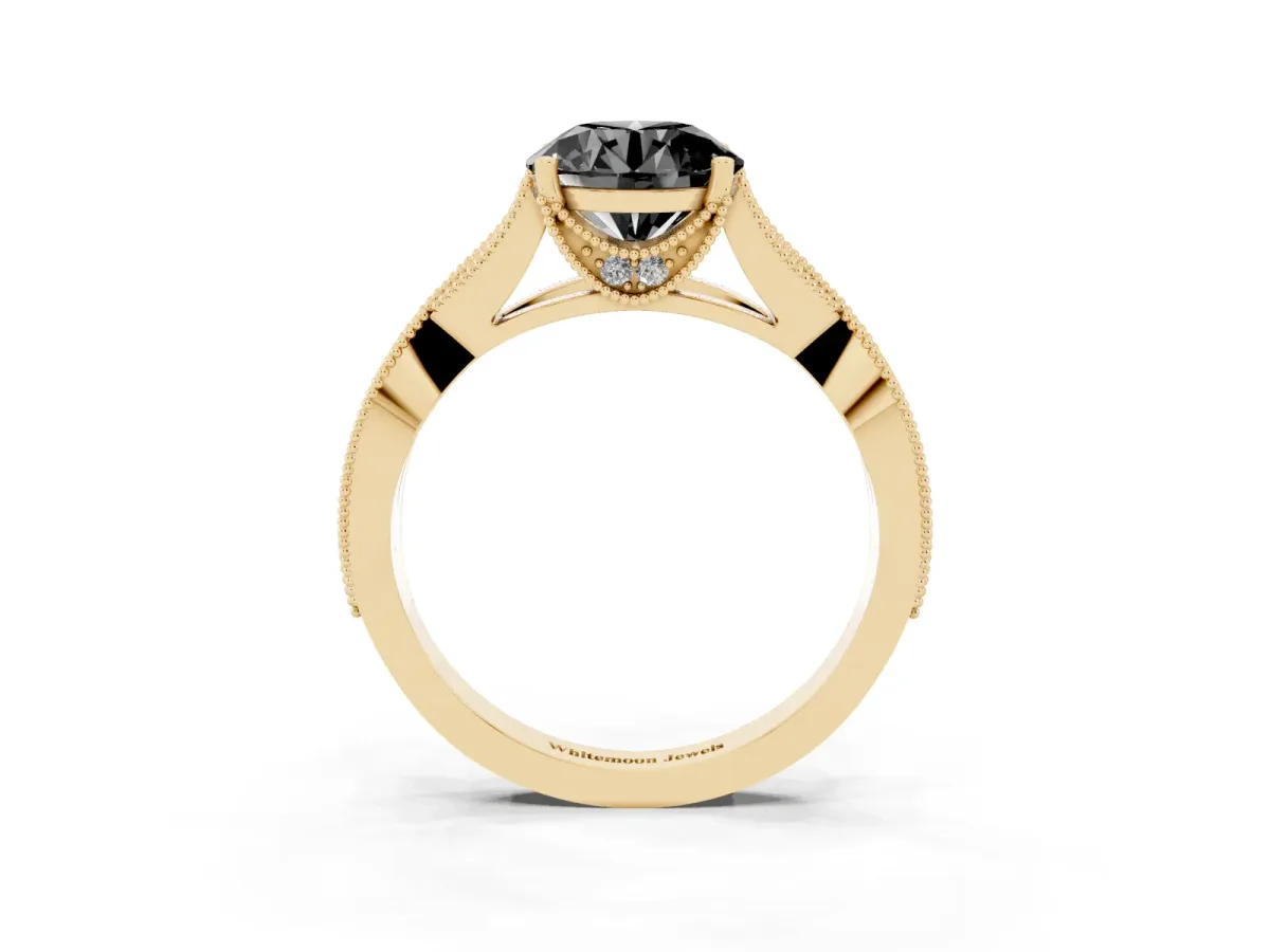 Fancy Black Round Cut Cut Diamond Twisted Band with Milgrain Pave Setting and Four-Prong Setting Yellow gold