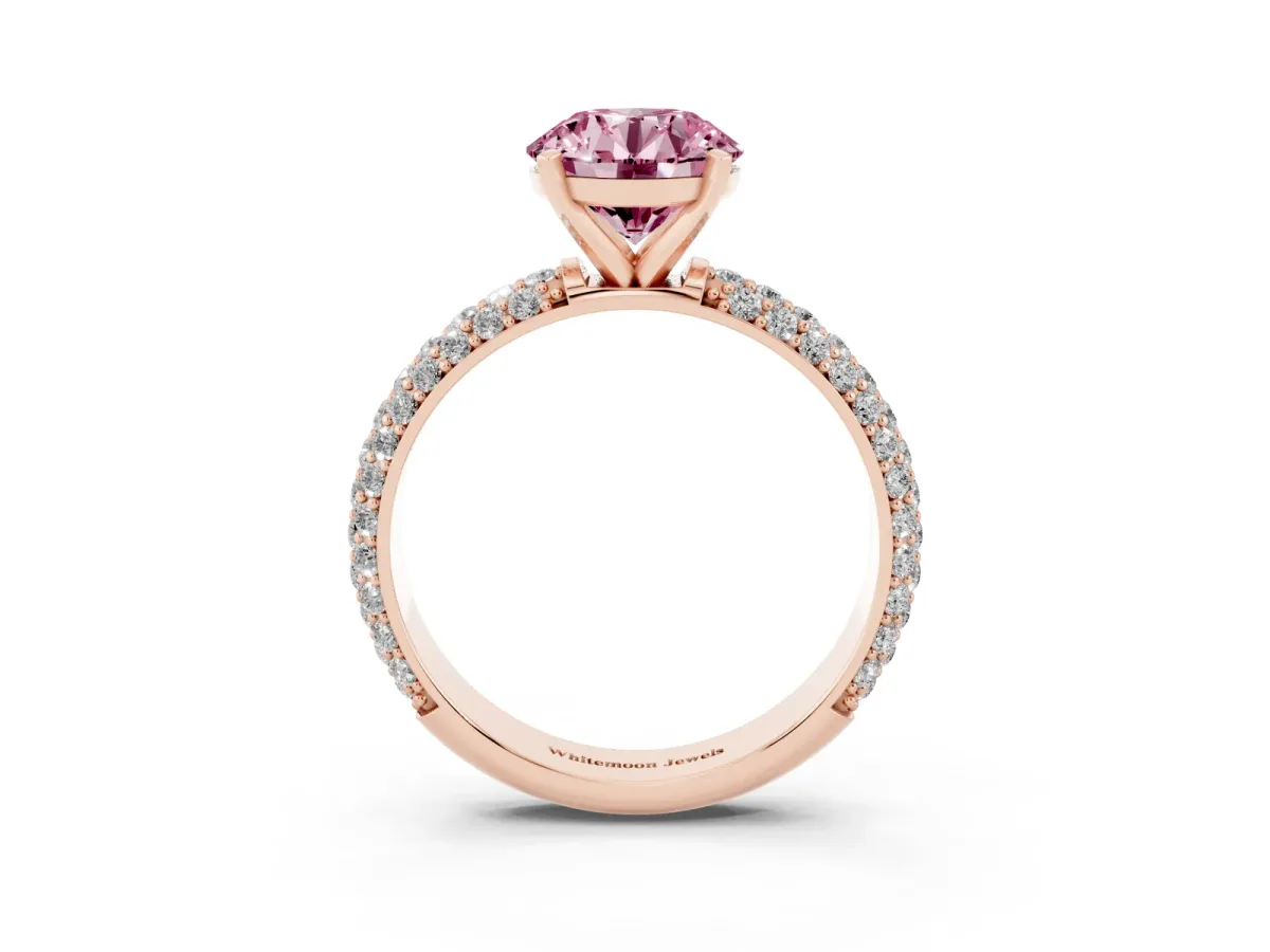 Fancy Pink Round Cut Diamond Solitaire Ring with Prong Setting and Pavé Band Rose gold