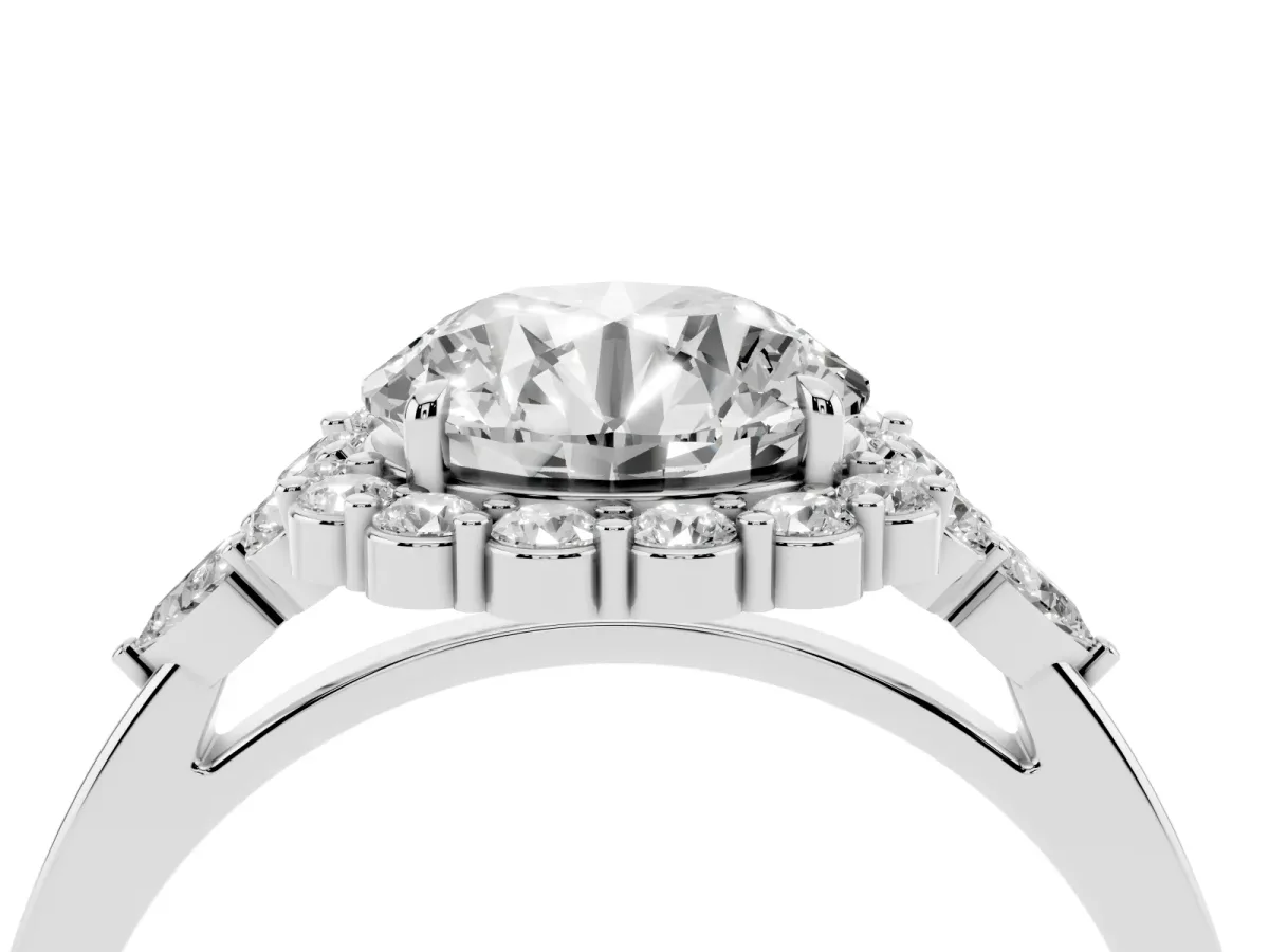 Round Cut Diamond Halo Ring with Pear Side Stones and Prong Setting Platinum