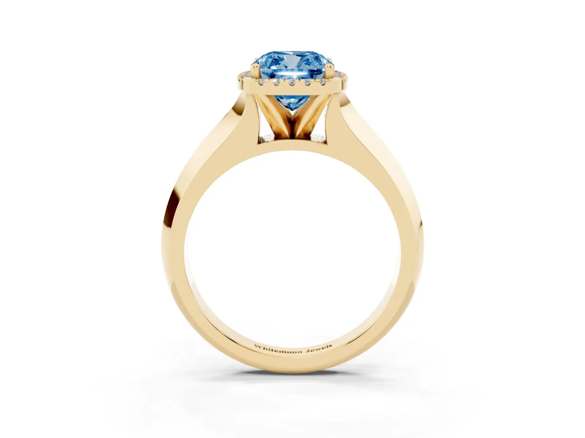 Fancy Blue Cushion Cut Halo Diamond Ring with Cathedral Band and Four-Prong Setting Yellow gold