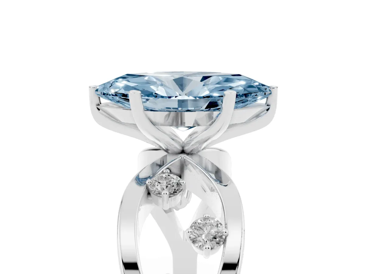 Fancy Blue Marquise Cut Cut Solitaire Diamond with Side Stones on Criss-Cross Band and Four-Prong Setting Silver