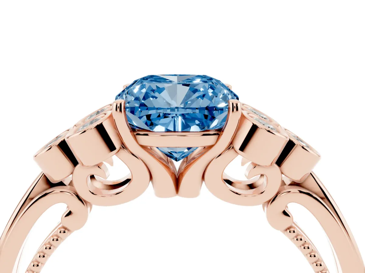 Fancy Blue Cushion Cut Cut Diamond Engagement Ring with Bezel Set Round Side Stones and Prong Setting Rose gold