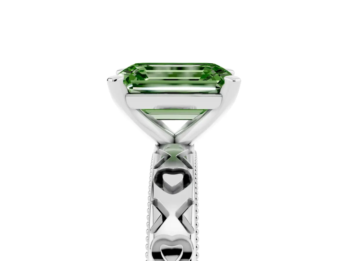 Fancy Green Emerald Cut Solitaire Diamond Engagement Ring with XO Engraved Band and Four-Prong Setting Platinum