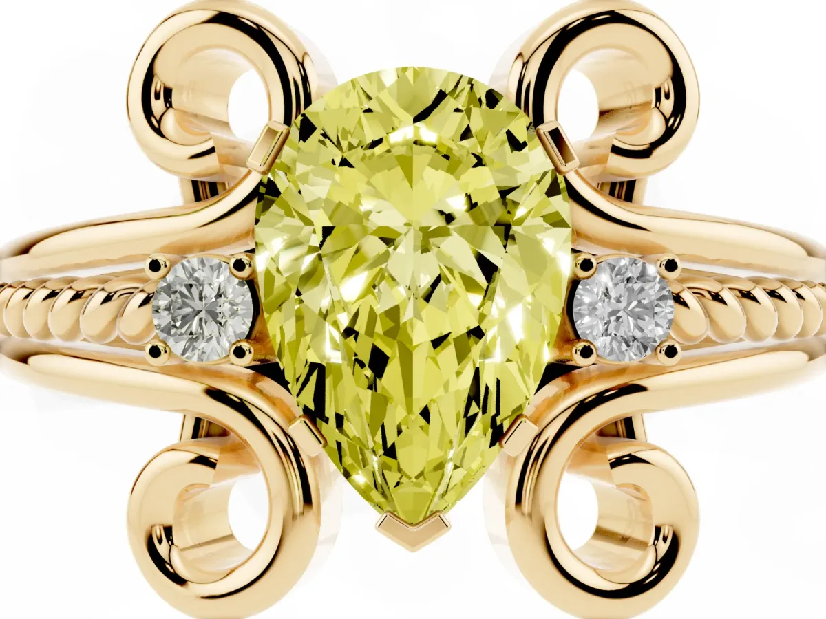 Fancy Yellow Pear Cut Solitaire Twisted Band Scroll Prong Ring Yellow gold