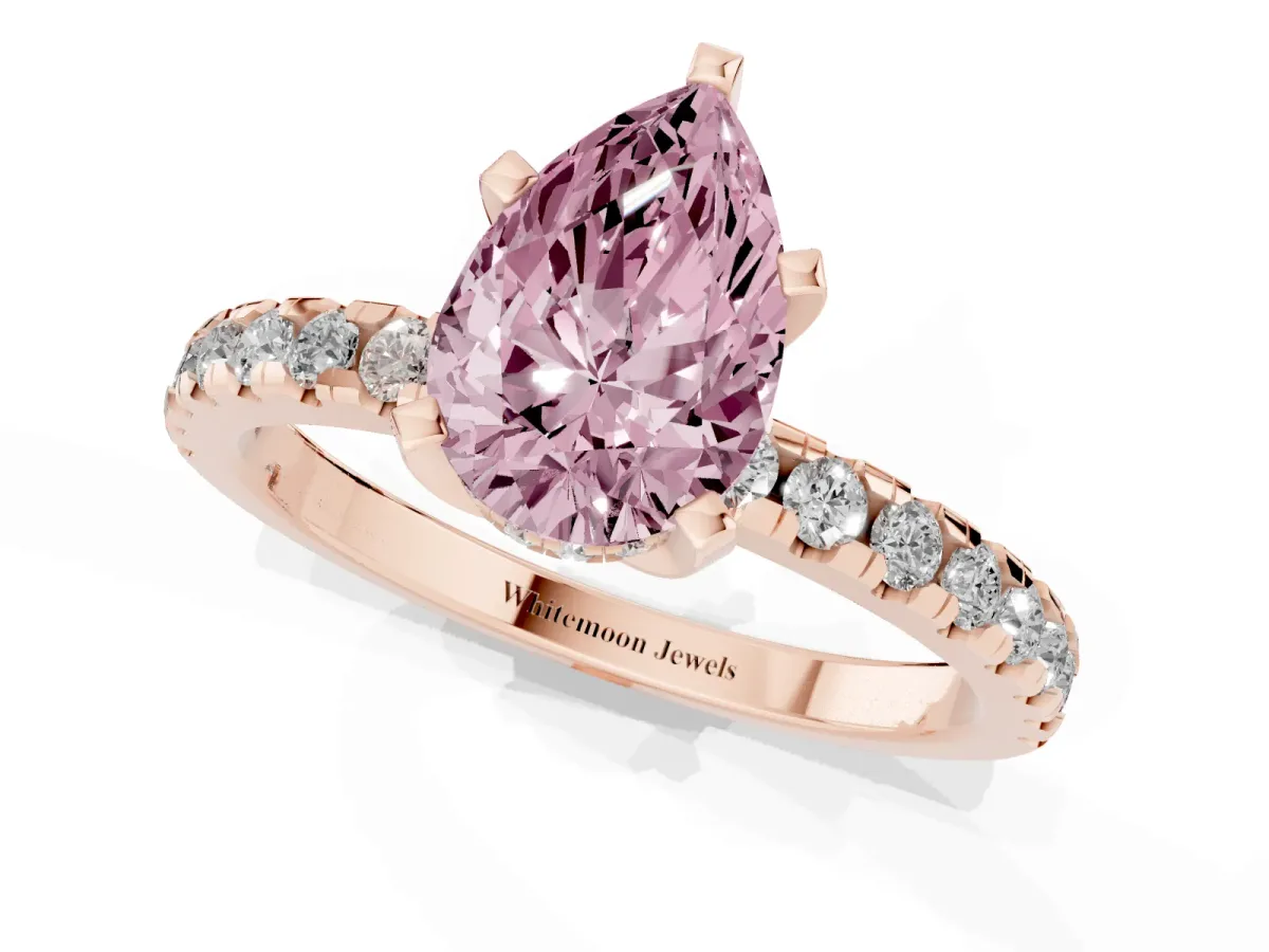Fancy Pink Pear Cut Diamond Solitaire Ring with Round Pavé Band and Four-Prong Setting Rose gold