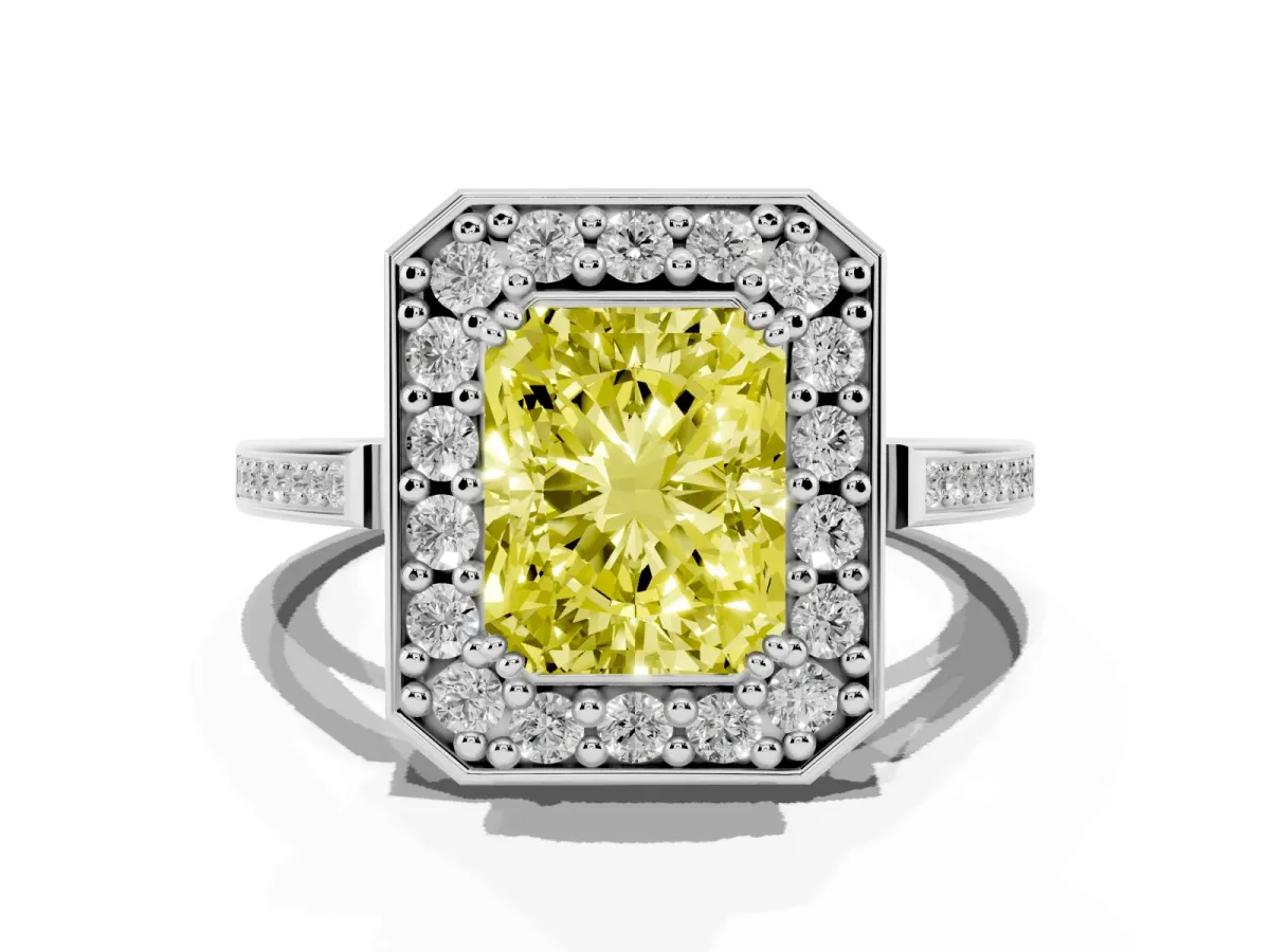 Fancy Yellow Radiant Cut Diamond Halo Ring with Split Shank and Four-Prong Setting Silver