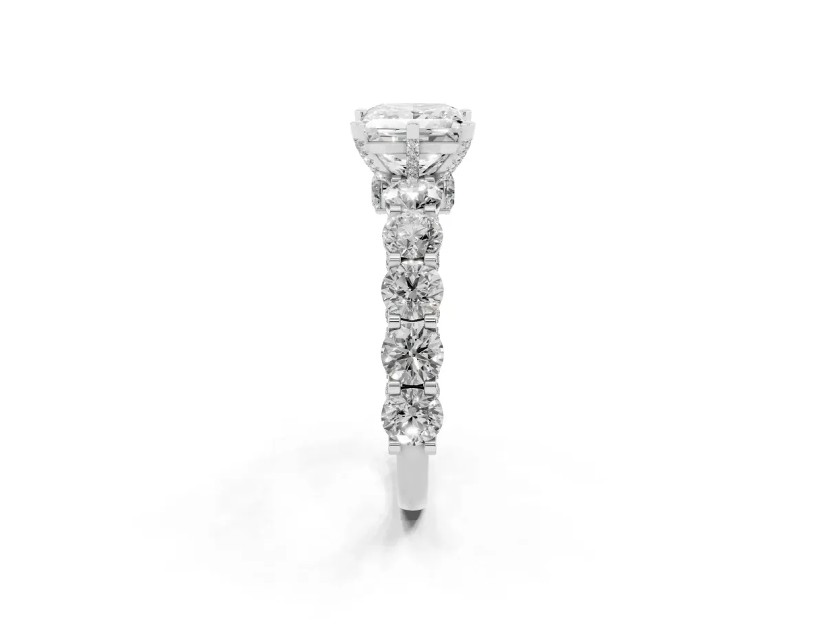Princess Cut Diamond Side Stone Engagement Ring with Four-Prong Setting Silver
