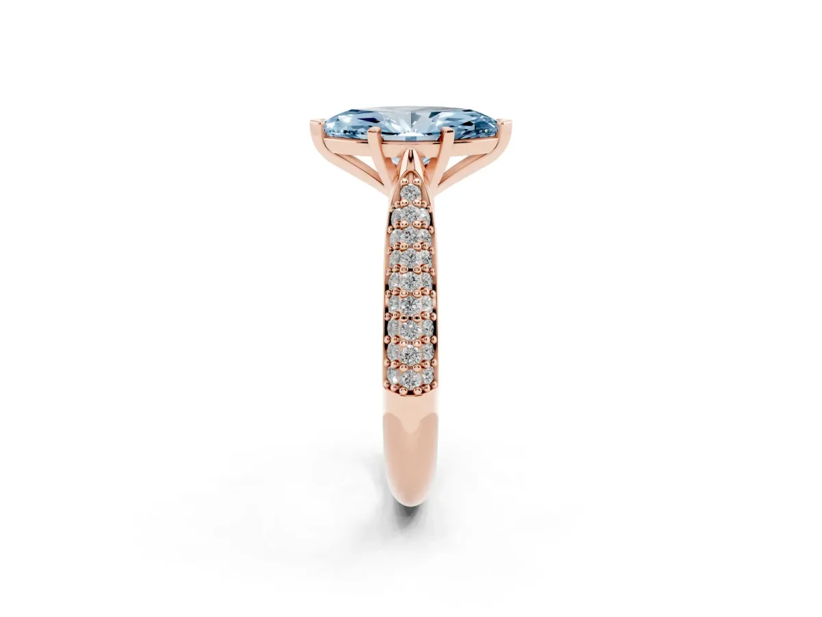 Fancy Blue Marquise Cut Diamond Solitaire Engagement Ring with Multi-Row Round Pavé Band and Prong Setting Rose gold