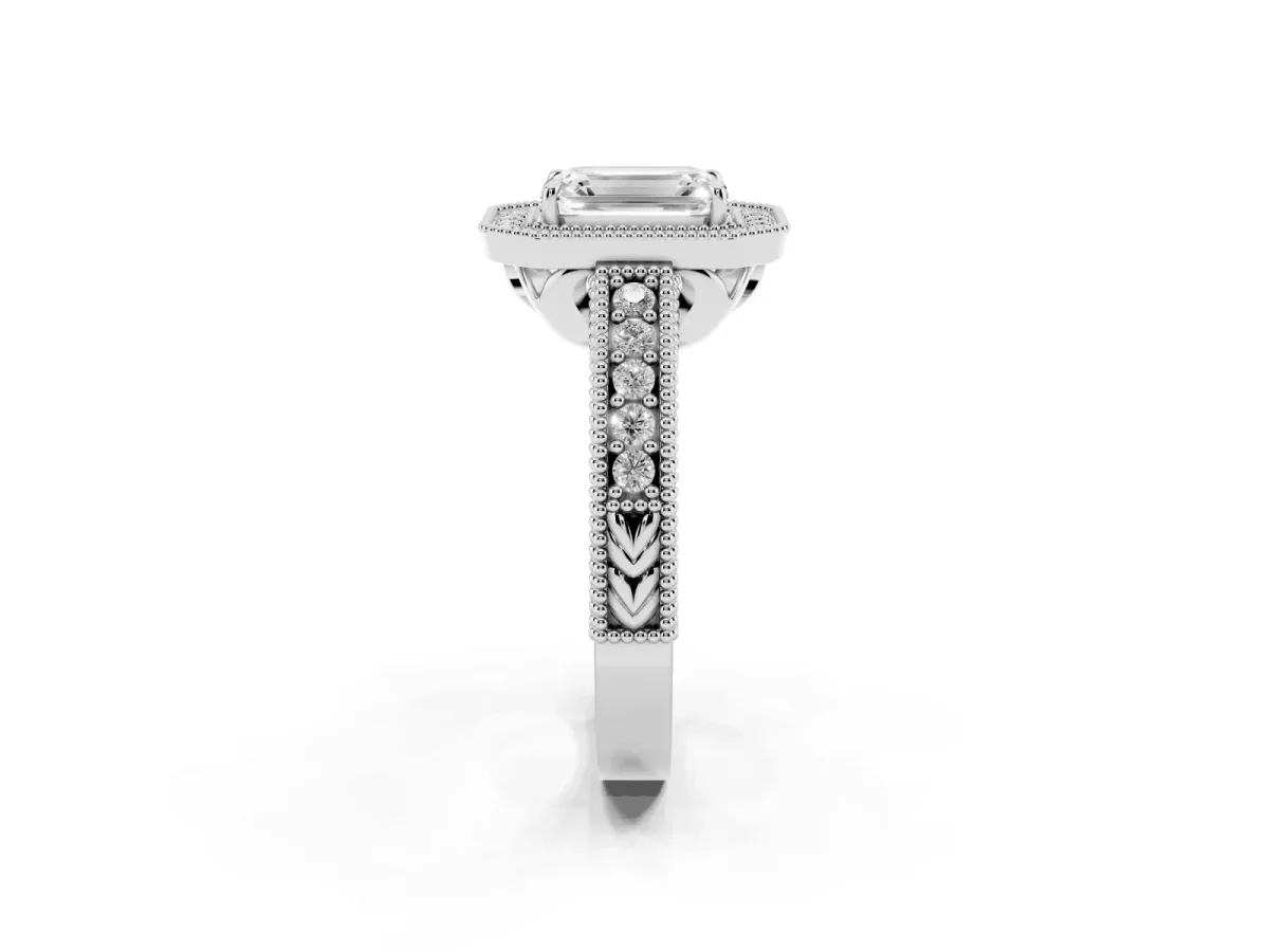 Emerald Cut Cut Halo Diamond Ring with Pavé Band and Four-Prong Setting Silver