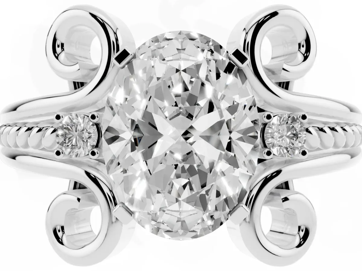 Oval Cut Solitaire Twisted Band Scroll Prong Ring Silver