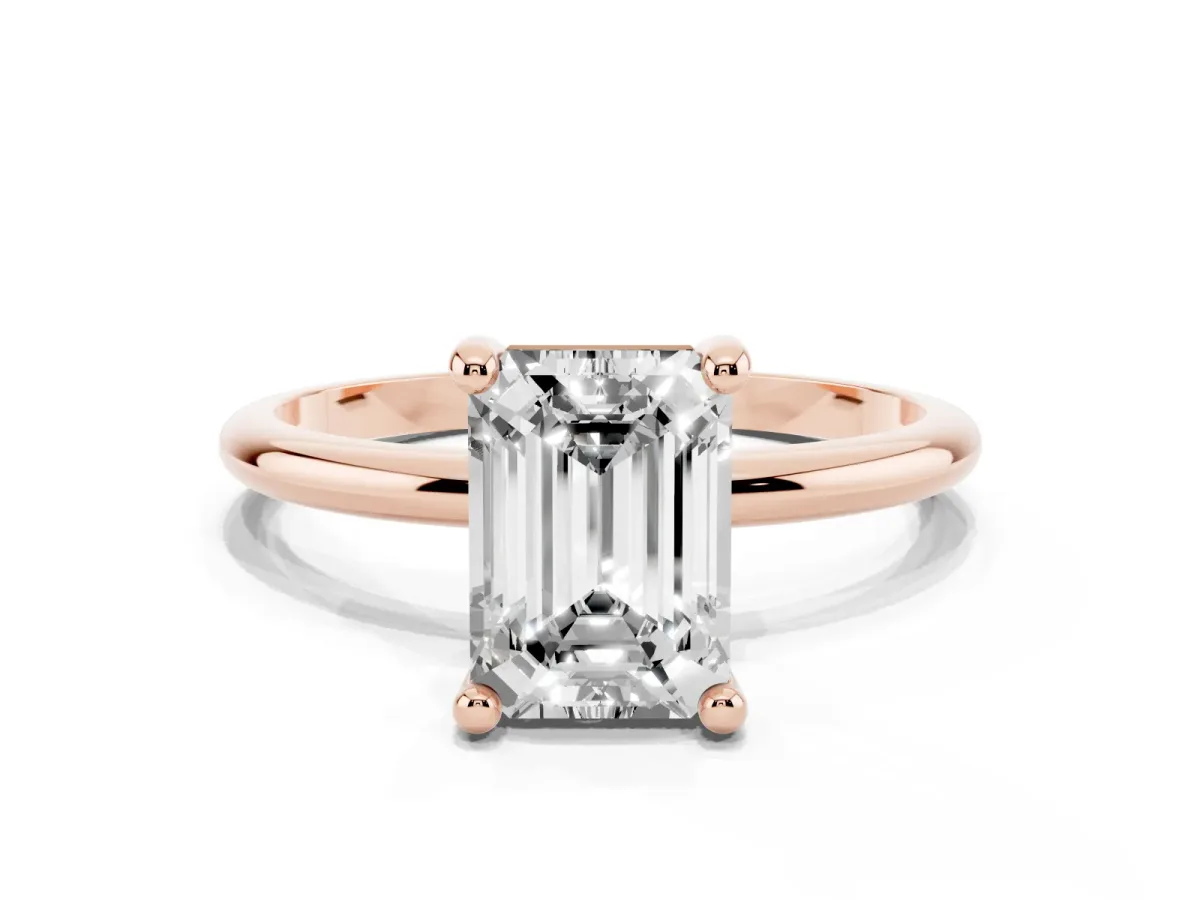 Emerald Cut Solitaire Diamond Ring with 4-Prong Setting on a Classic Band Rose gold