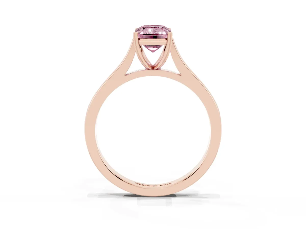 Fancy Pink Emerald Cut Solitaire Heart Prong Engagement Ring with Tapered Band Rose gold