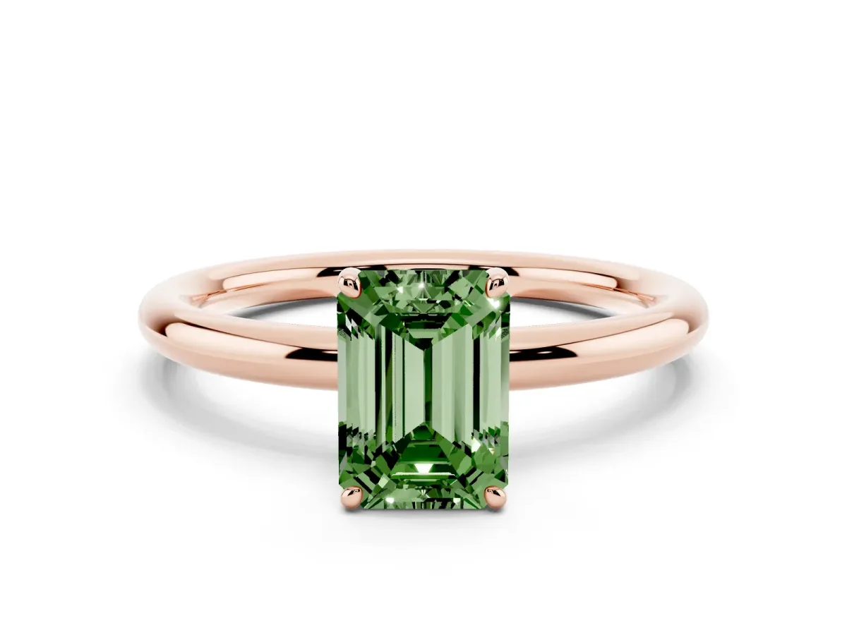 Fancy Green Emerald Cut Solitaire Diamond Ring with Four-Prong Setting on a Plain Band Rose gold