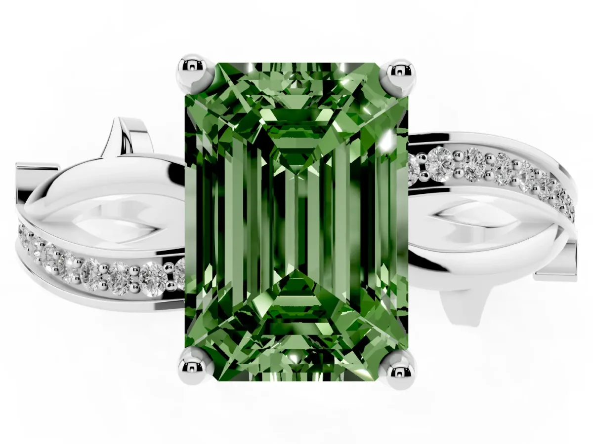 Fancy Green Emerald Cut Solitaire Twist Band with Pavé Accents and Four-Prong Setting Silver