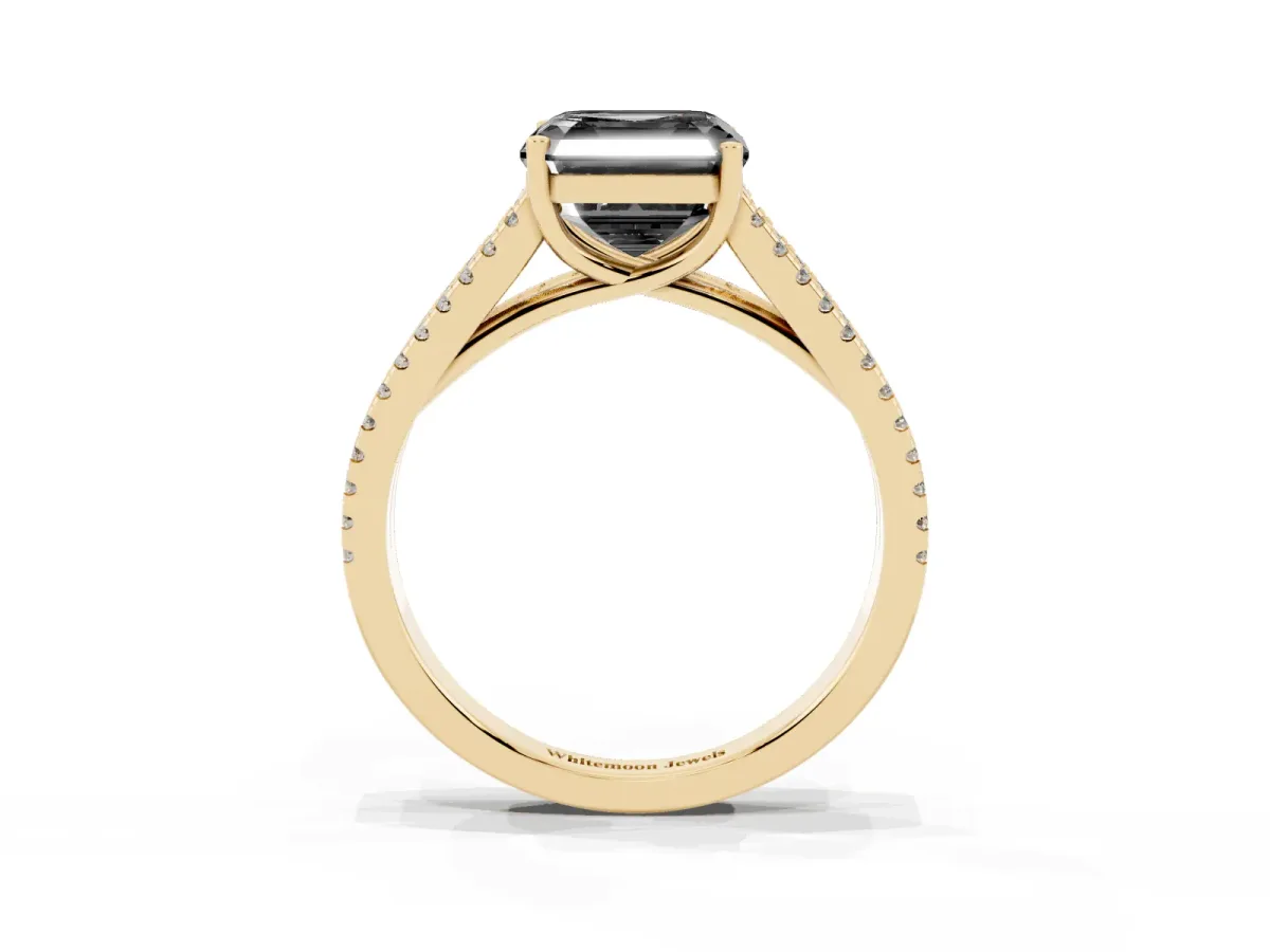 Fancy Black Asscher Cut Diamond Solitaire Engagement Ring with Split Shank Pavé Band Yellow gold