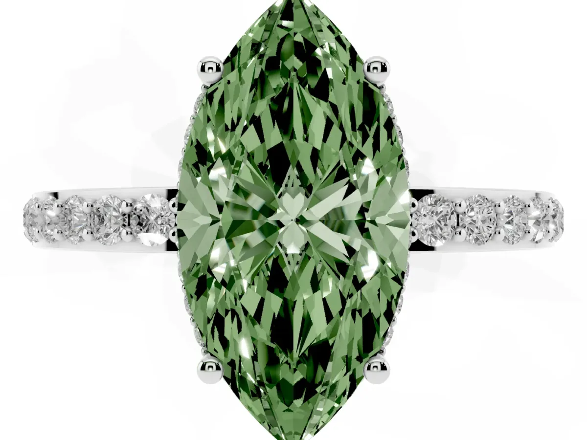Fancy Green Marquise Cut Diamond Solitaire Ring with Pavé Band and Hidden Halo White gold