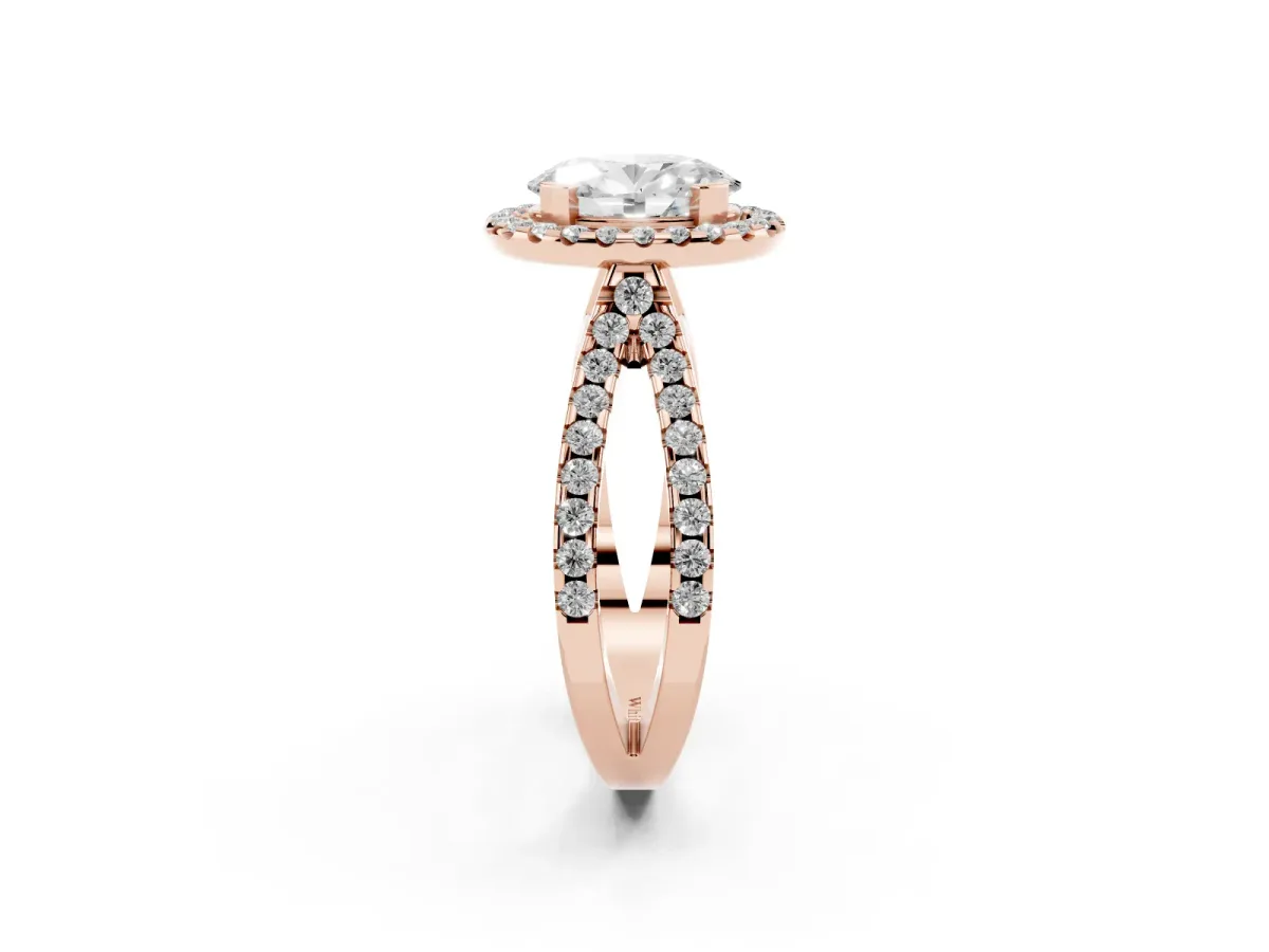 Oval Cut Diamond Halo Ring with Split Shank Pavé Band and Prong Setting Rose gold