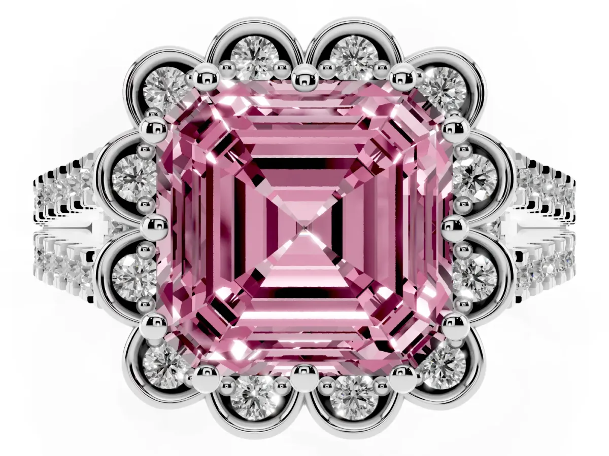 Fancy Pink Asscher Cut Halo Diamond Floral Split Shank Engagement Ring Silver