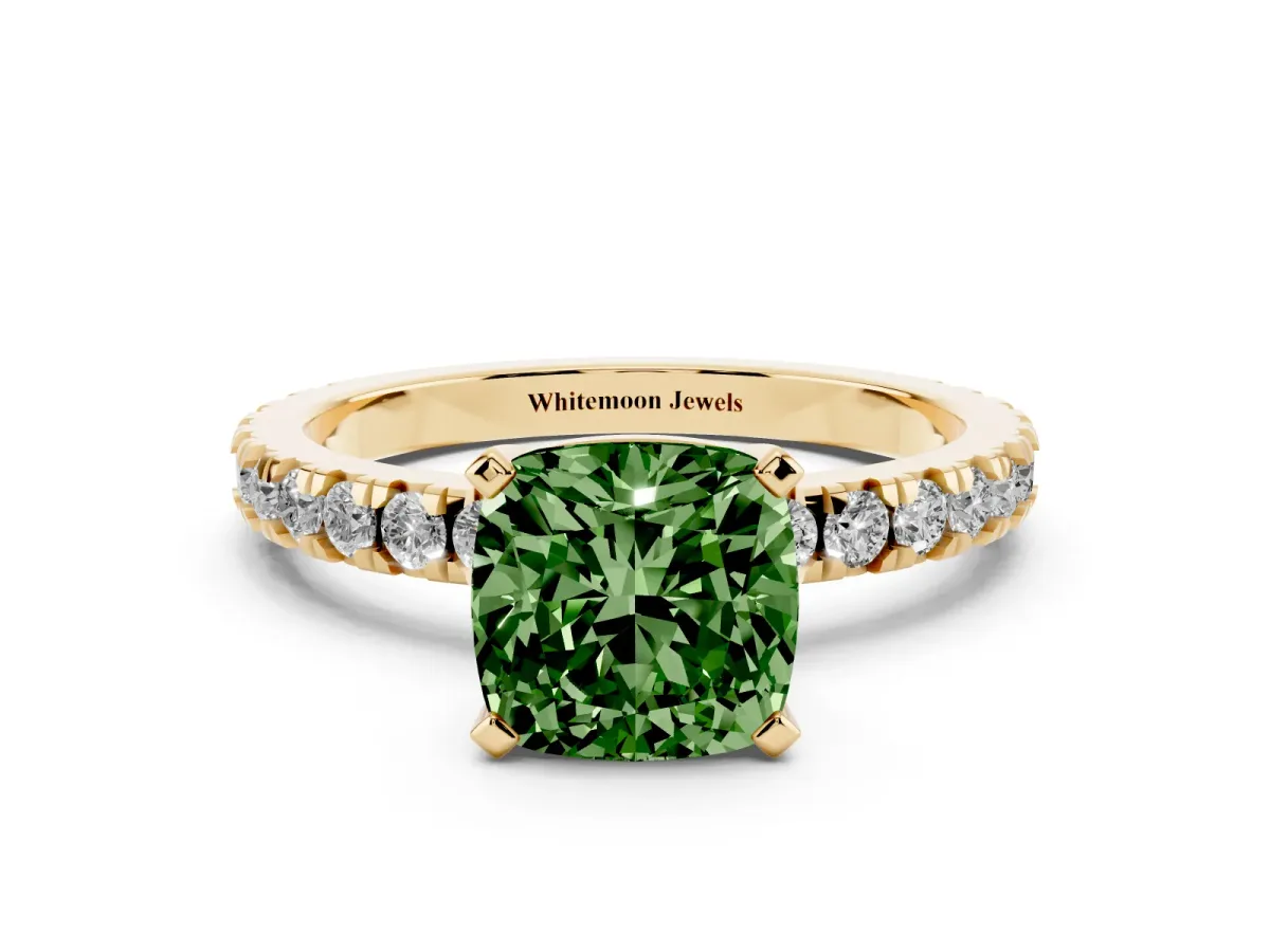 Fancy Green Cushion Cut Diamond Pavé Band Solitaire with Four-Prong Setting Yellow gold