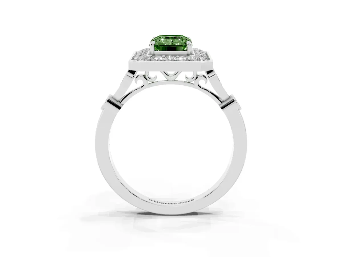 Fancy Green Emerald Cut Halo Diamond Engagement Ring with Twisted Band and Four-Prong Setting White gold