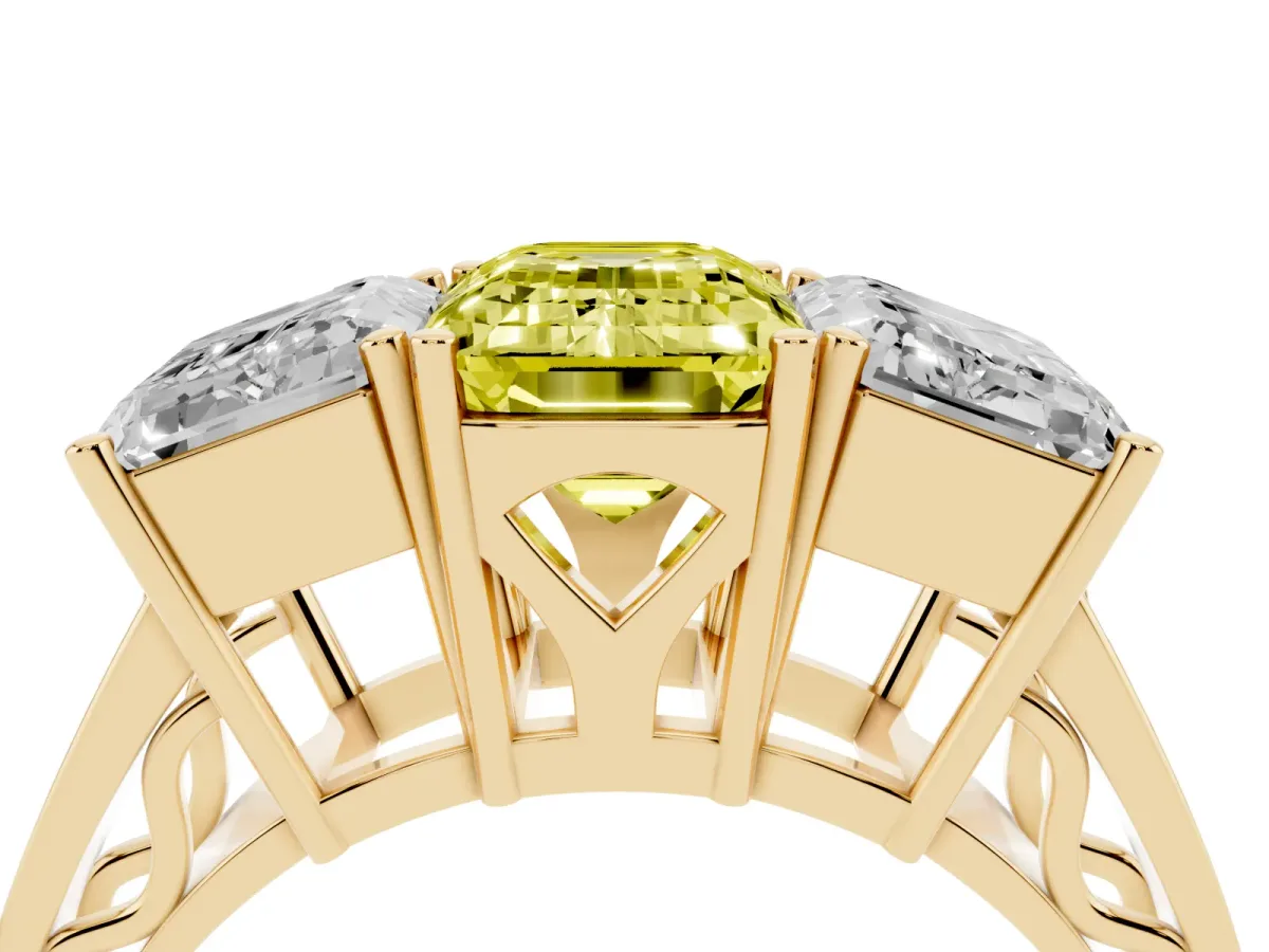 Fancy Yellow Emerald Cut Diamond Three-Stone Ring with Prong Setting and Textured Band Yellow gold