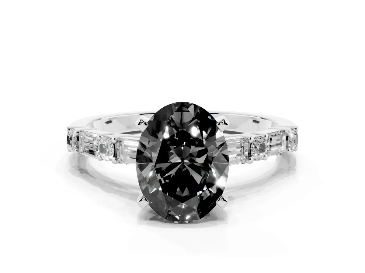 Fancy Black Oval Cut Diamond Solitaire with Side Baguettes and Channel Set Band Platinum