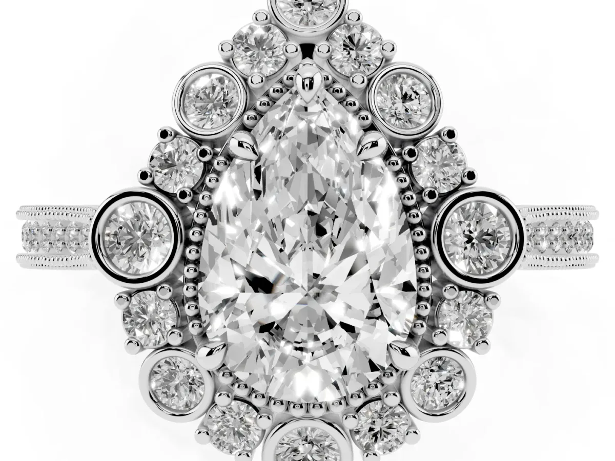 Pear Cut Halo Milgrain Pave Diamond Ring with Four-Prong Setting Silver