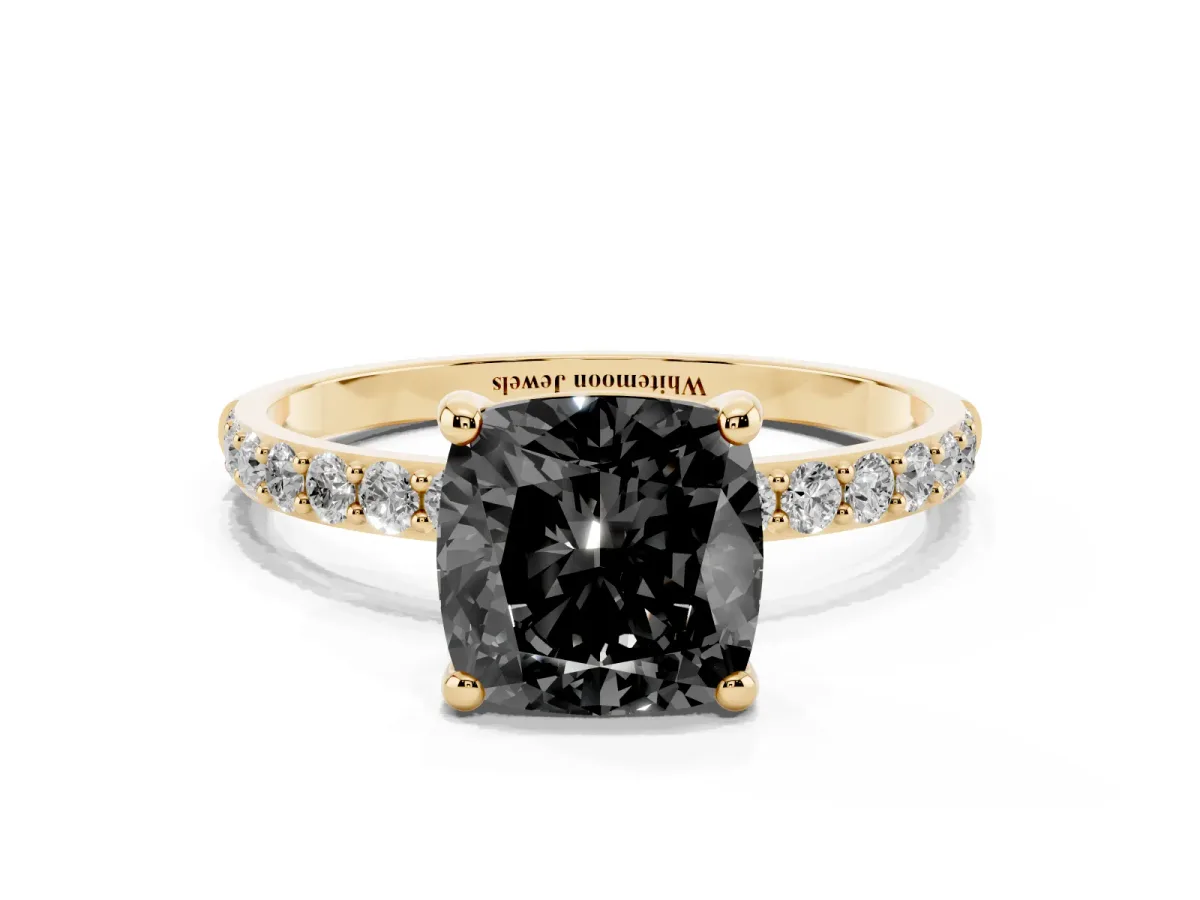 Fancy Black Cushion Cut Diamond Solitaire Ring with Round Pavé Band and Prong Setting Yellow gold