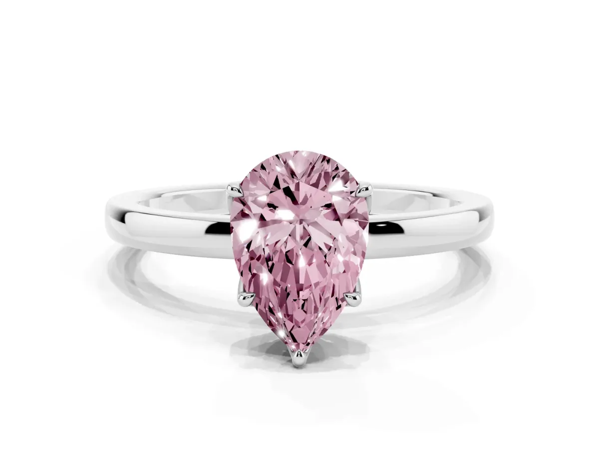 Fancy Pink Pear Cut Diamond Solitaire Ring with Thin Band and Prong Setting Silver