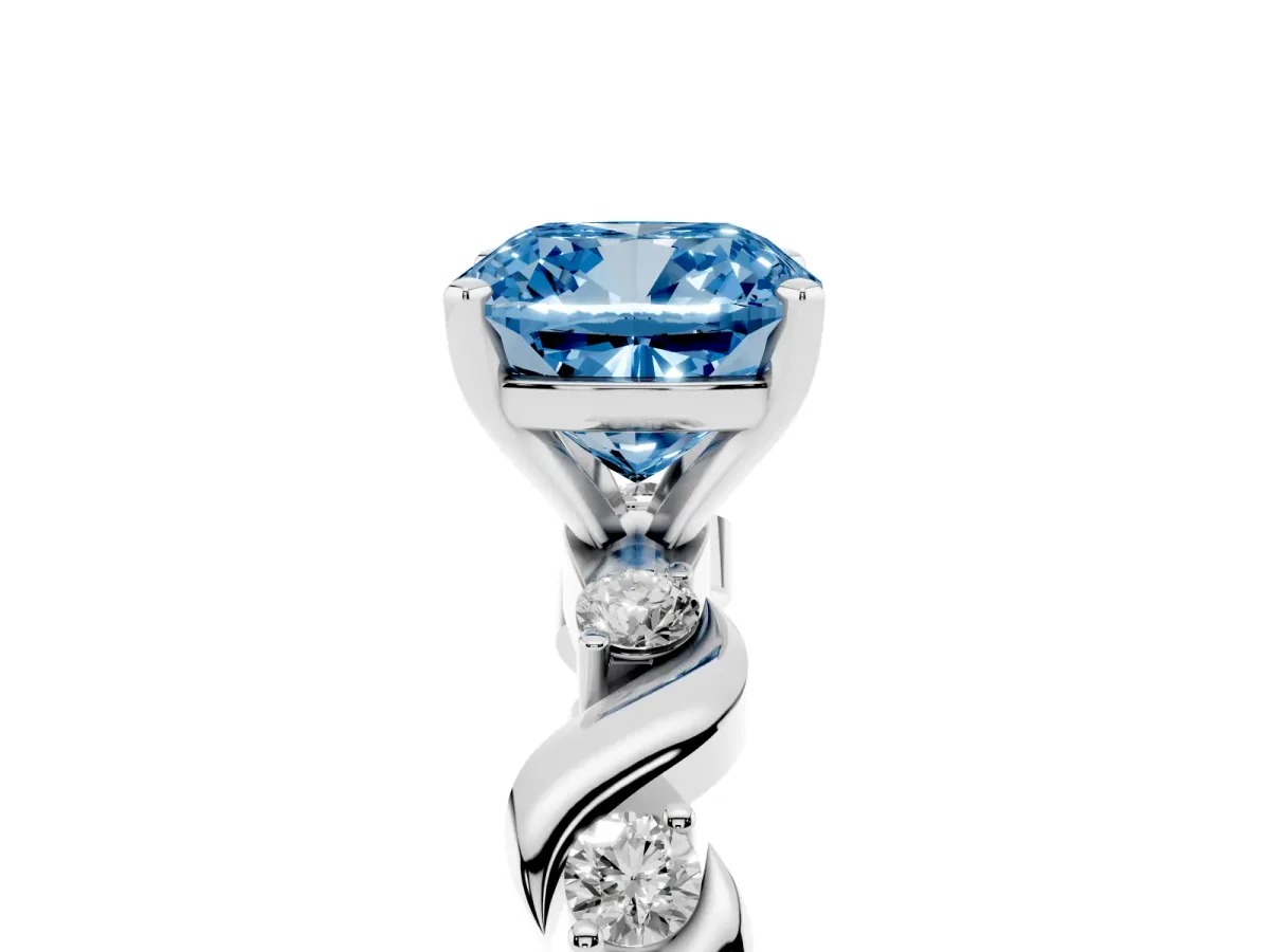 Fancy Blue Cushion Cut Diamond Solitaire Twisted Band with Round Accents and Prong Setting Silver