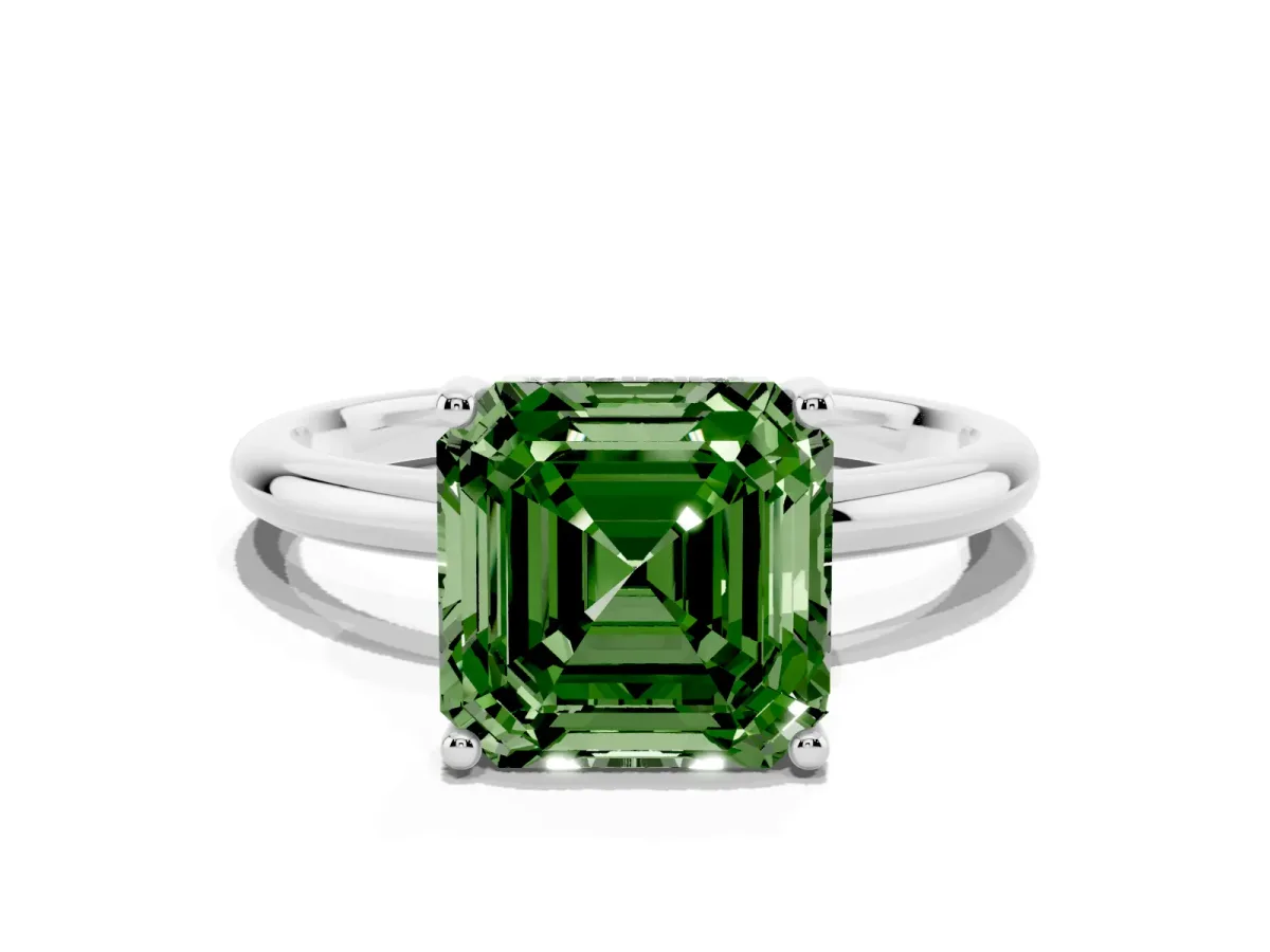 Fancy Green Asscher Cut Cut Solitaire Engagement Ring with Four-Prong Setting and Classic Band Silver