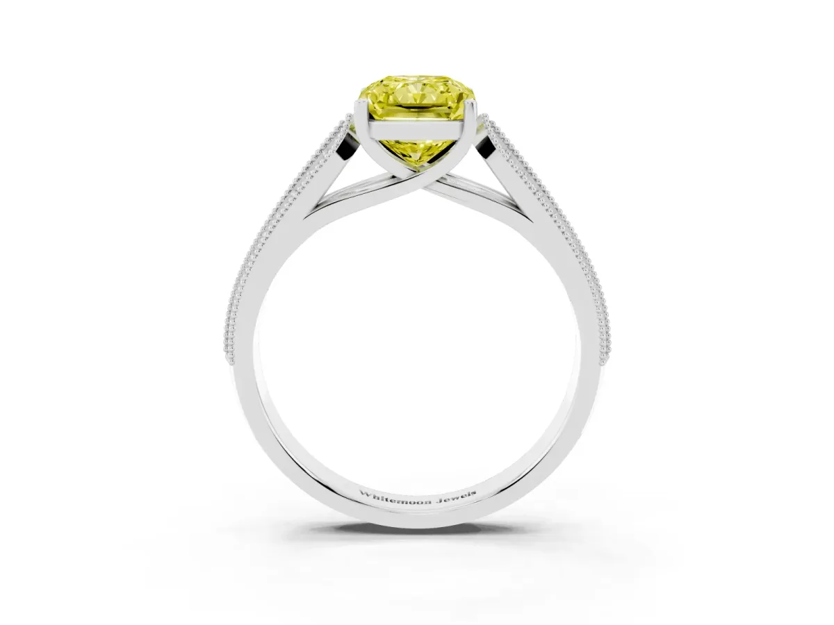 Fancy Yellow Radiant Cut Cut Pave Split Shank Engagement Ring with Four-Prong Setting Platinum