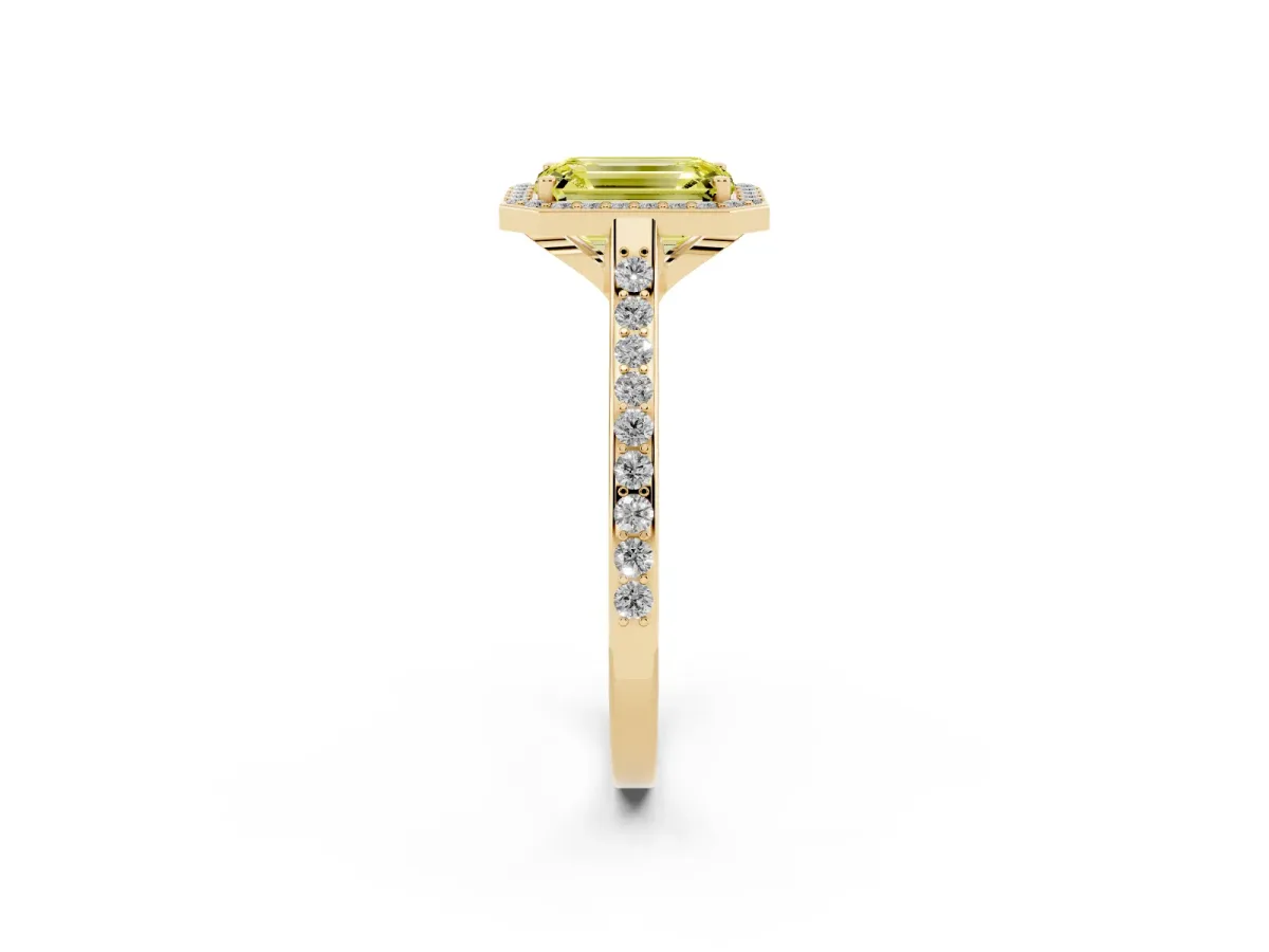 Fancy Yellow Emerald Cut Diamond Halo Engagement Ring with Round Pavé Shoulders and Prong Setting Yellow gold