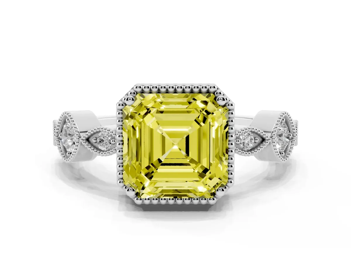 Fancy Yellow Asscher Cut Diamond Vintage Milgrain Ring with Round Stations Platinum