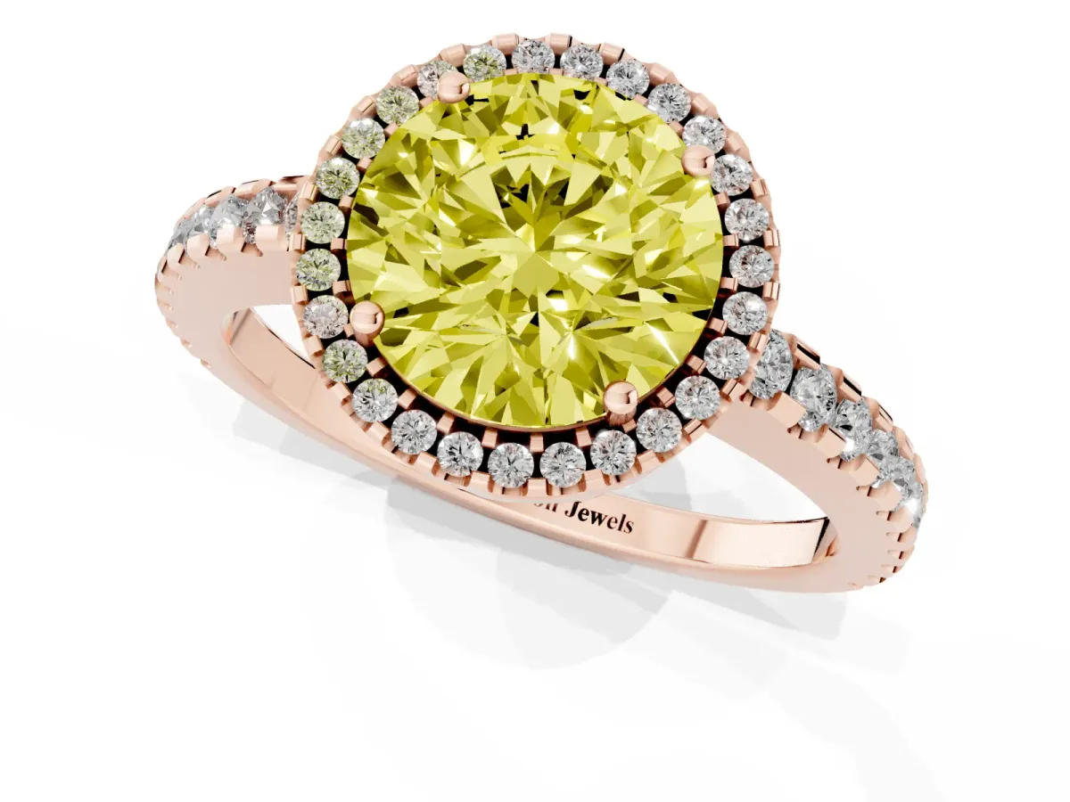 Fancy Yellow Round Cut Diamond Halo Engagement Ring with Pavé Band and Prong Setting Rose gold