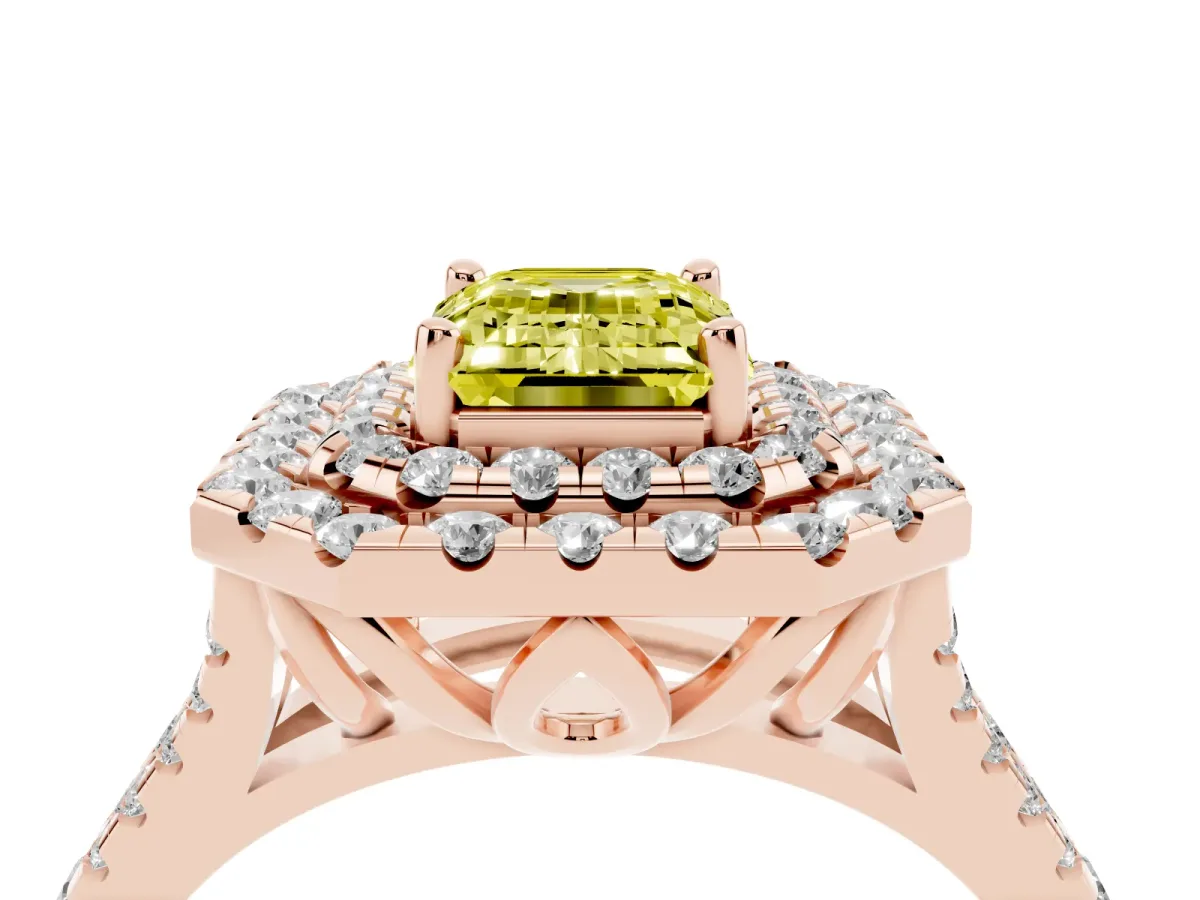 Fancy Yellow Double Halo Emerald Cut Diamond Pavé Split Shank Ring with Prong Setting Rose gold