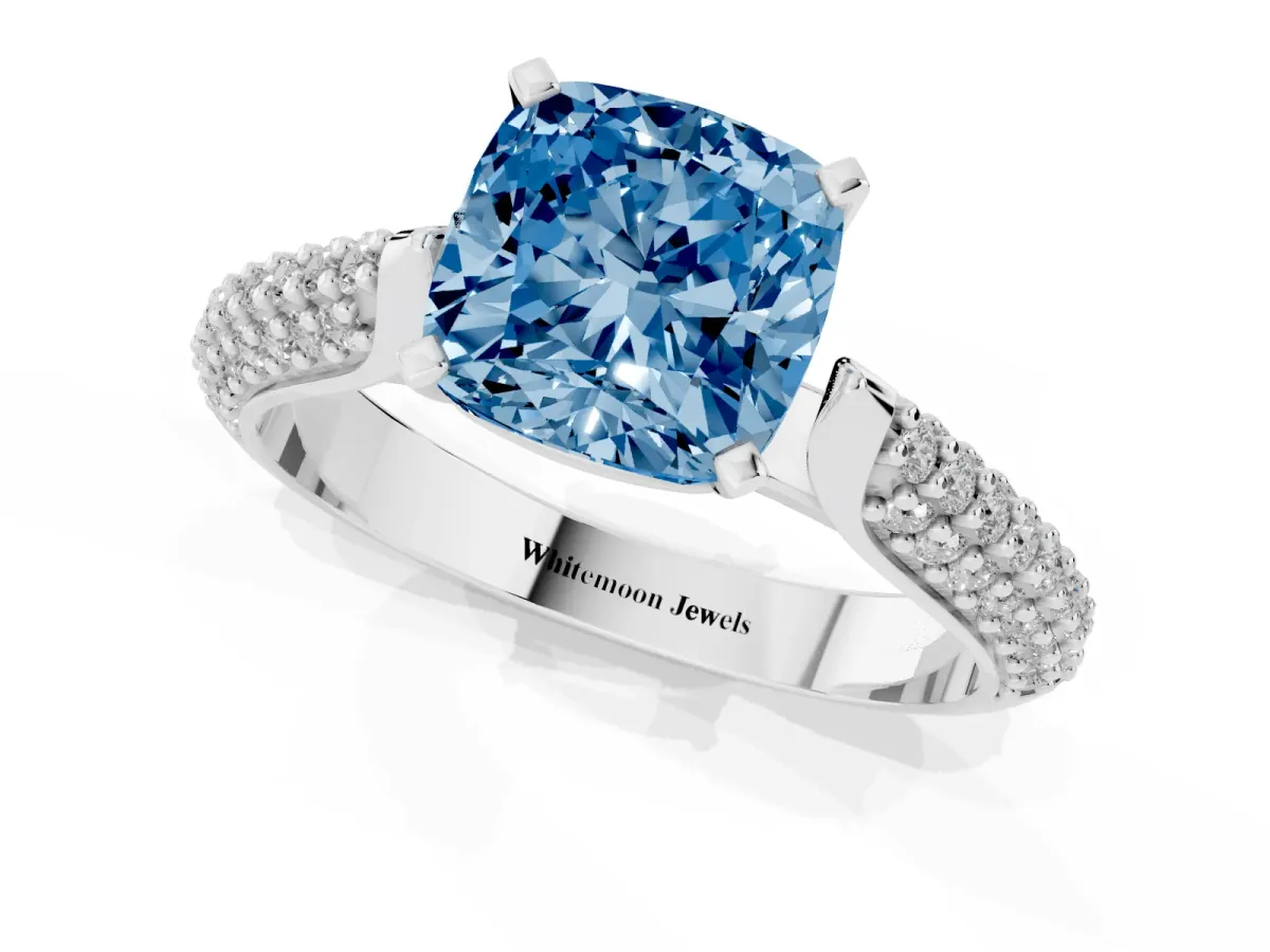 Fancy Blue Cushion Cut Diamond Solitaire Engagement Ring with Multi-Row Round Pavé Band and Prong Setting Silver