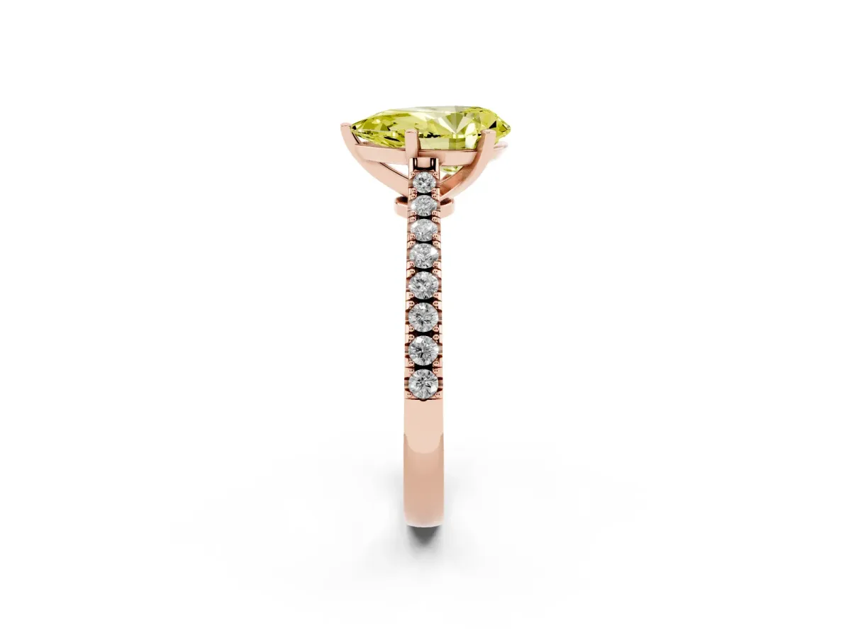 Fancy Yellow Pear Cut Cut Solitaire Diamond Engagement Ring with Pave Band and Four-Prong Setting Rose gold