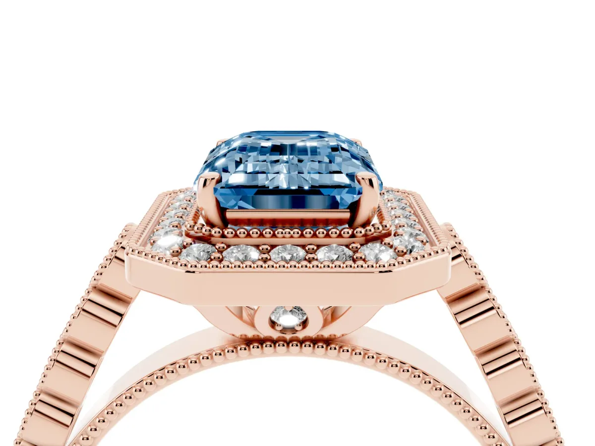 Fancy Blue Emerald Cut Halo Milgrain Solitaire with Bezel Set Side Stones and Pave Band Rose gold